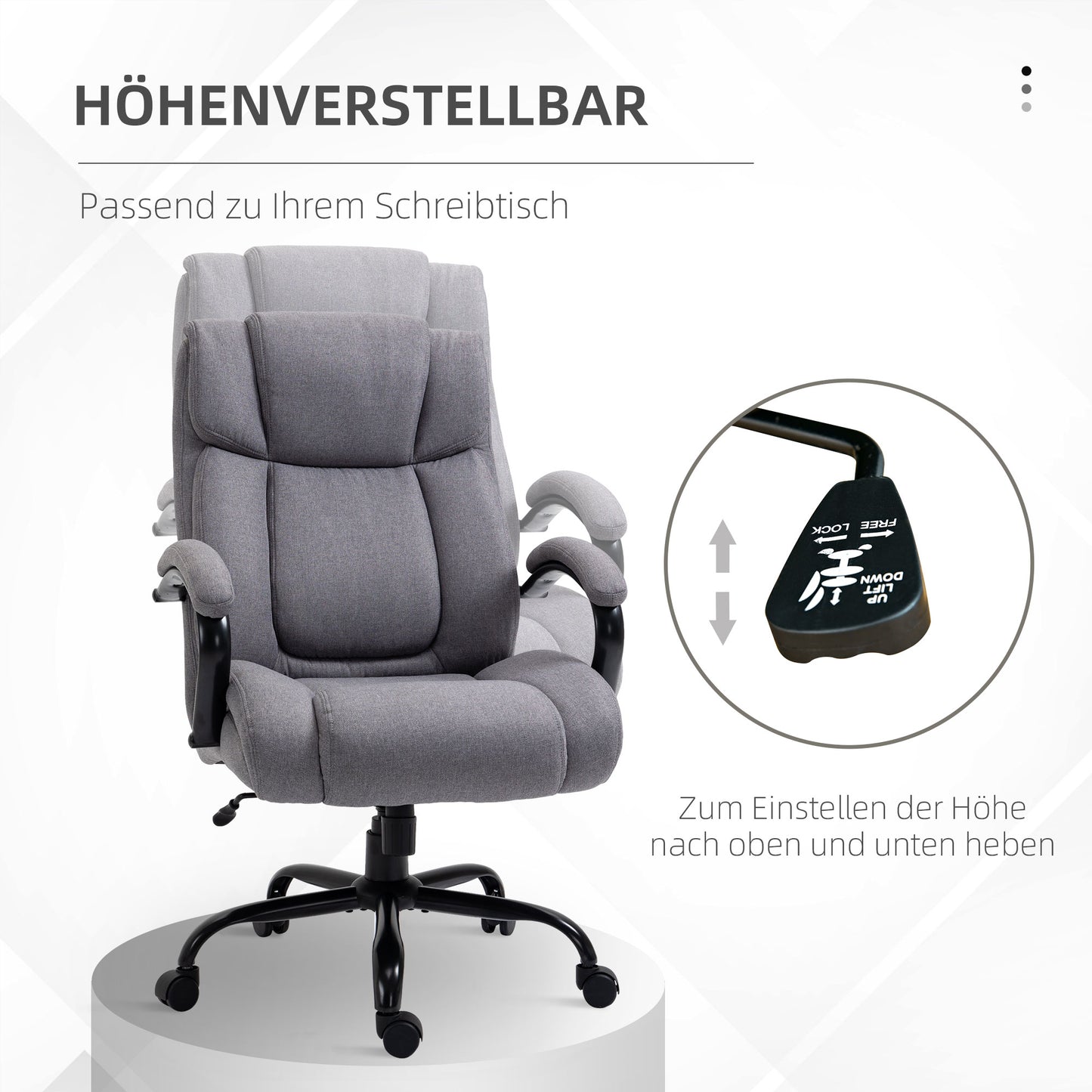 Vinsetto Bürostuhl, Ergonomischer Chefsessel bis 220 kg belastbar, Gepolsterter Schreibtischstuhl mit Armlehne, breit Sitz, Höhenverstellbarer Drehstuhl mit Wippfunktion, Leinenoptik, Hellgrau