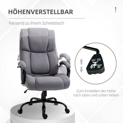 Vinsetto Bürostuhl, Ergonomischer Chefsessel bis 220 kg belastbar, Gepolsterter Schreibtischstuhl mit Armlehne, breit Sitz, Höhenverstellbarer Drehstuhl mit Wippfunktion, Leinenoptik, Hellgrau