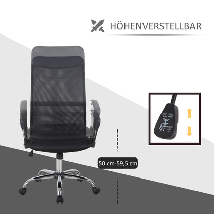 HOMCOM Ergonomischer Bürostuhl, Gaming Stuhl, Drehstuhl mit Wippenfunktion, höhenverstellbarer Schreibtischstuhl, Schaumstoff, Netz, Schwarz, 63 x 65 x 109-119 cm