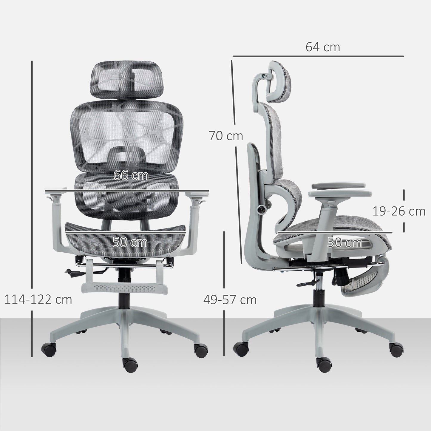HOMCOM Bürostuhl، Ergonomischer Schreibtischstuhl mit Netzstoffbezug، verstellbar، rollbar، mit Armlehnen، Kopfstütze، Grau