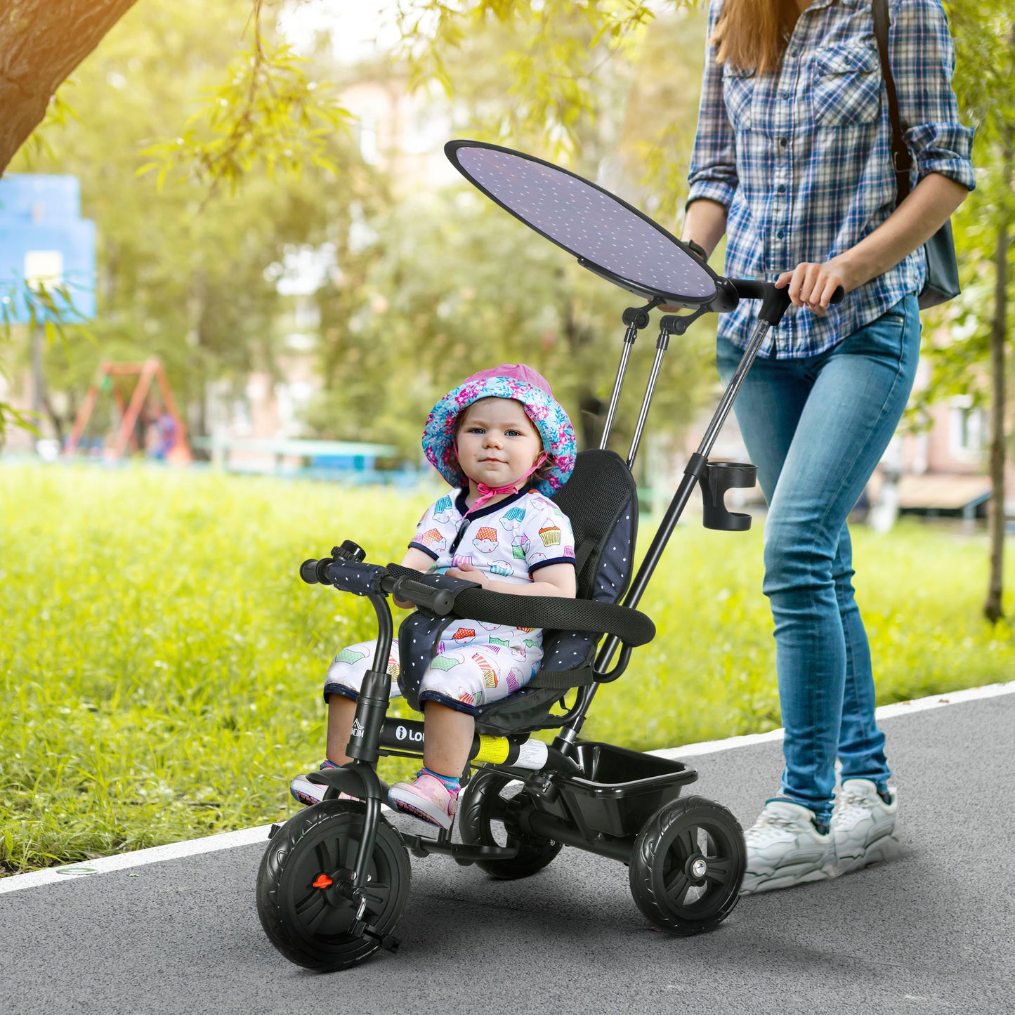HOMCOM 6-in-1 Kinderdreirad mit Schiebestange, Dach, Gurt, Ablagekorb, für 1-5 Jahre, Dunkelblau
