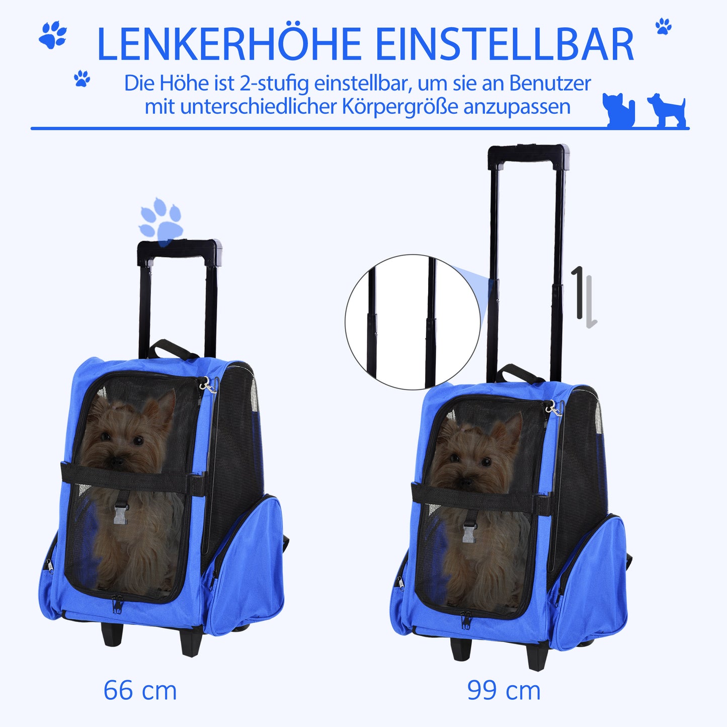 Pawhut Hundetransporttasche, Haustierrucksack, 2-in-1-Design, ausziehbarer Griff, Seitentaschen, Blau, 42 x 25 x 55cm