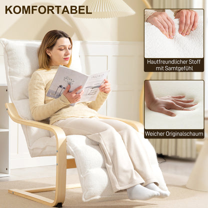 HOMCOM Lounge-Sessel aus Birkenholz، Polstersessel، verstellbare Fußstütze، Weiß