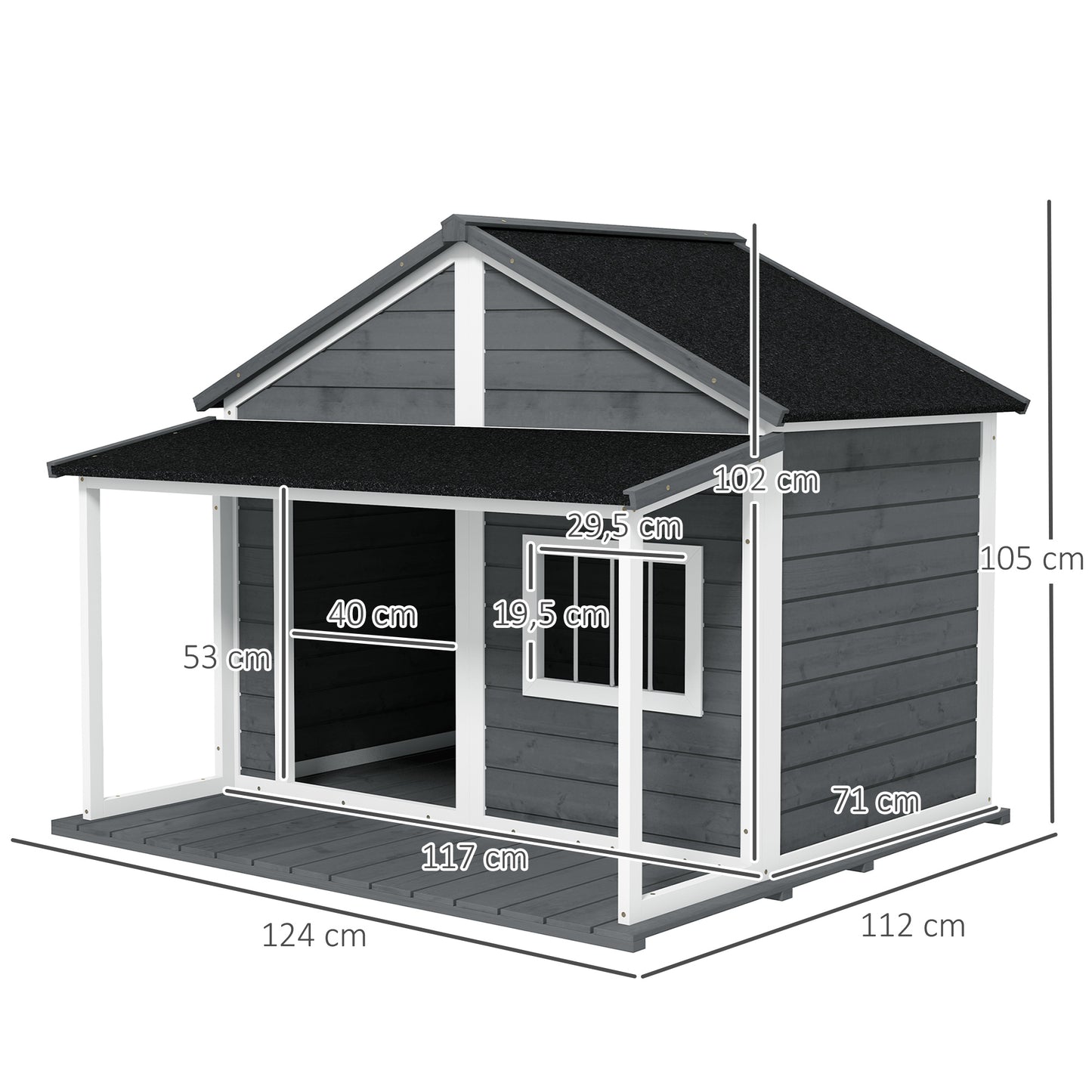 PawHut Hundehütte Outdoor-Hundehütte, inkl. Veranda, wetterbeständig, 124 cm x 112 cm x 105 cm, Grau + Weiß