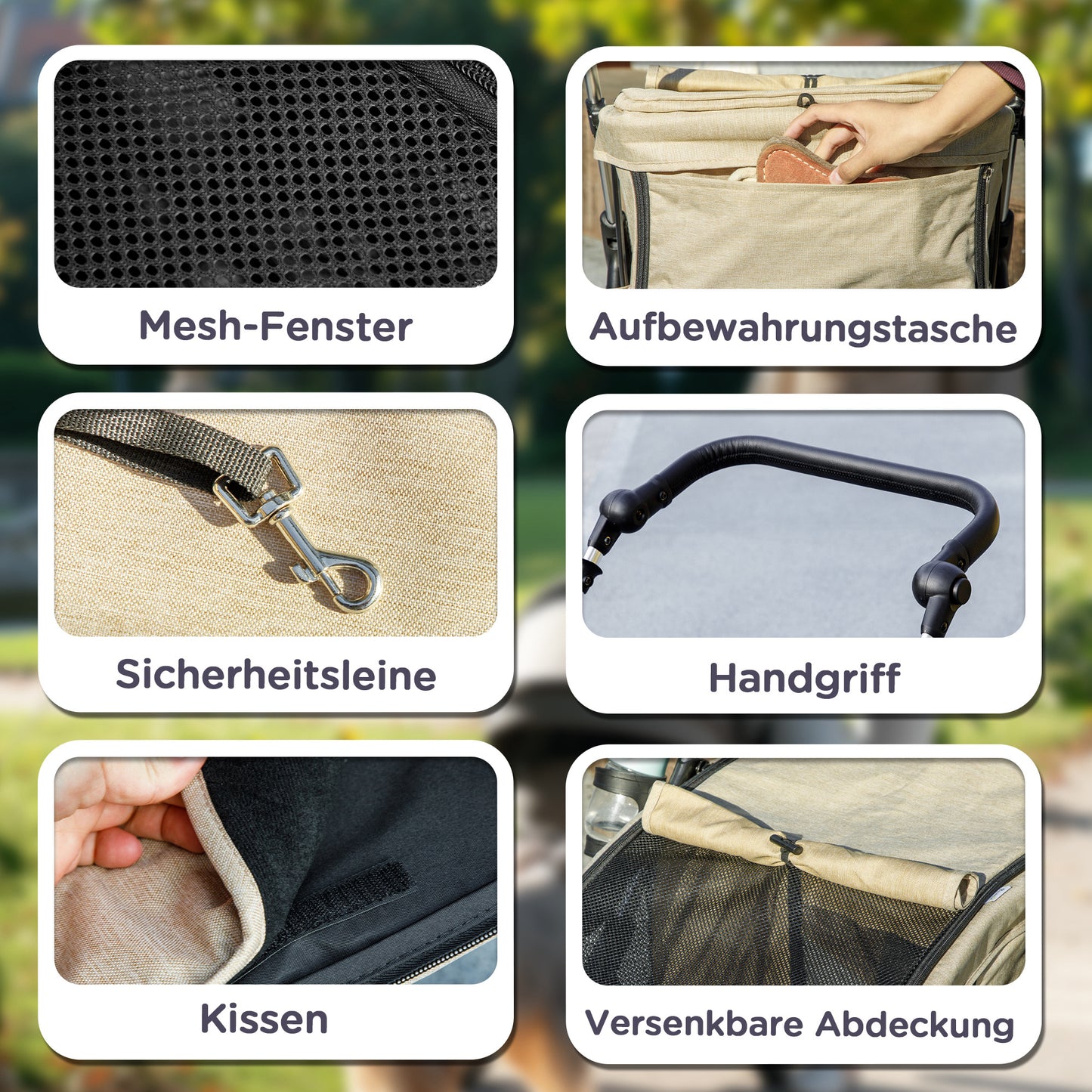 PawHut Hundewagen, Leichter und faltbarer Transportwagen für kleine Hunde, waschbares Kissen, Netzfenster, Khaki