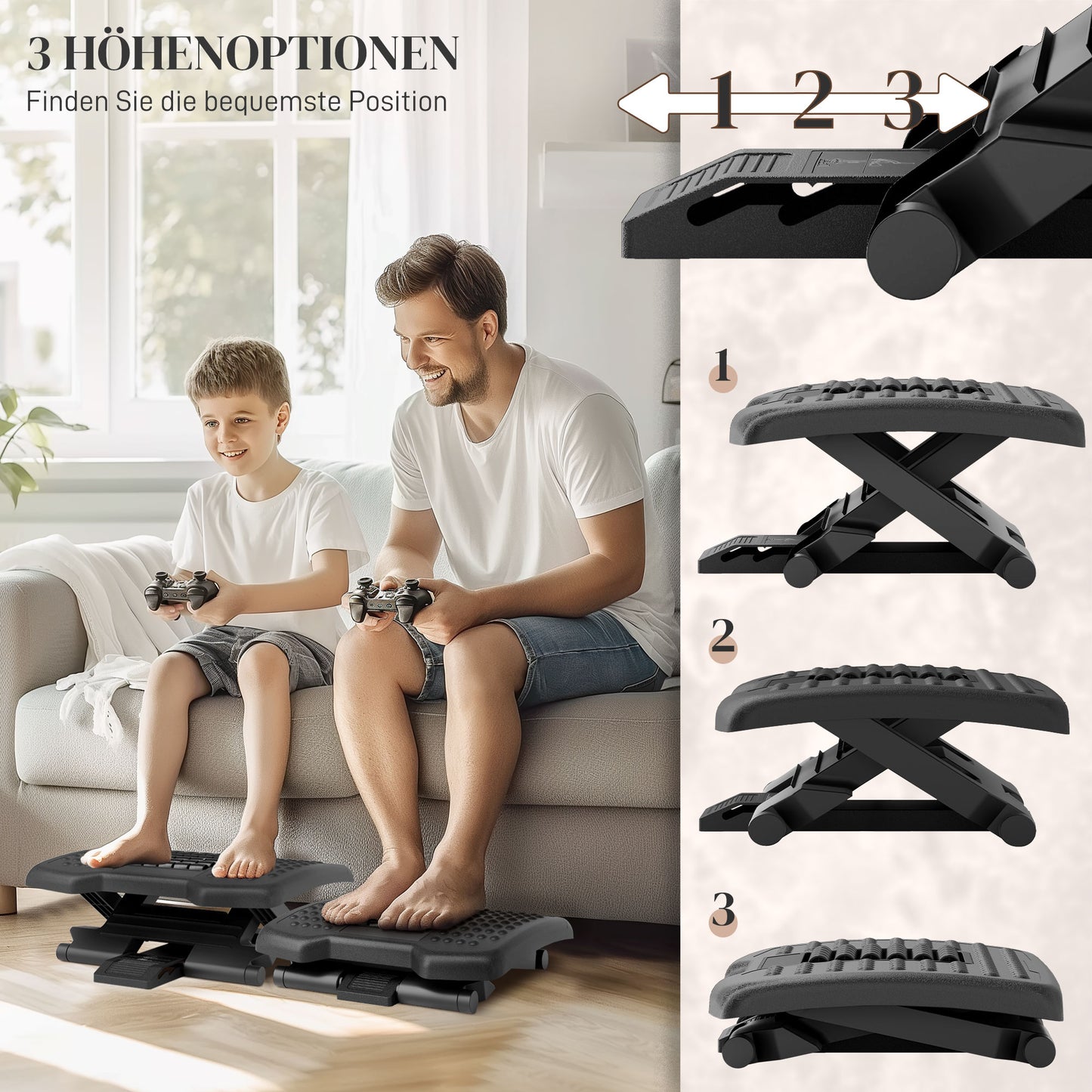 HOMCOM Ergonomische Fußstütze, höhenverstellbar, Massagefläche mit Rollen, Schwarz, 46 x 35 cm