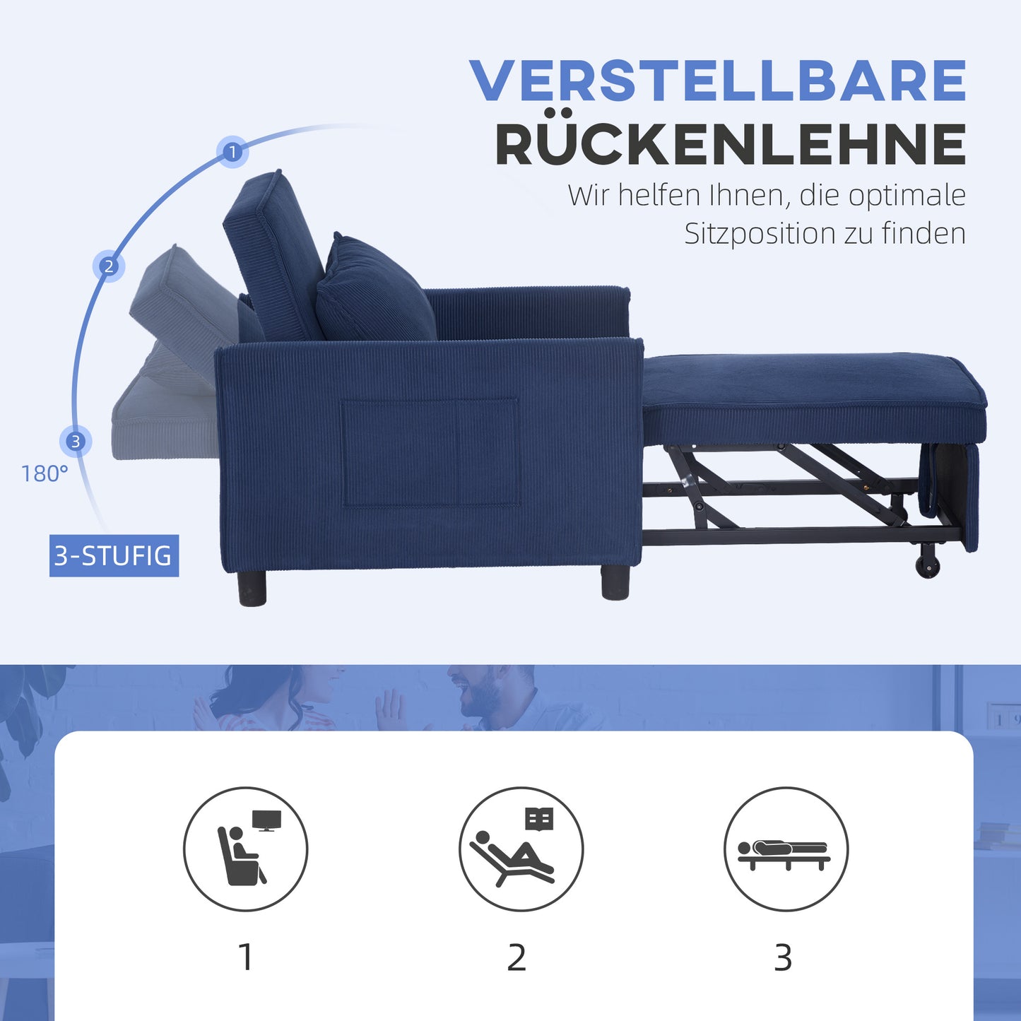 HOMCOM Schlafsessel, verstellbar, 3 Positionen, Cordbezug, bis 120 kg, Blau