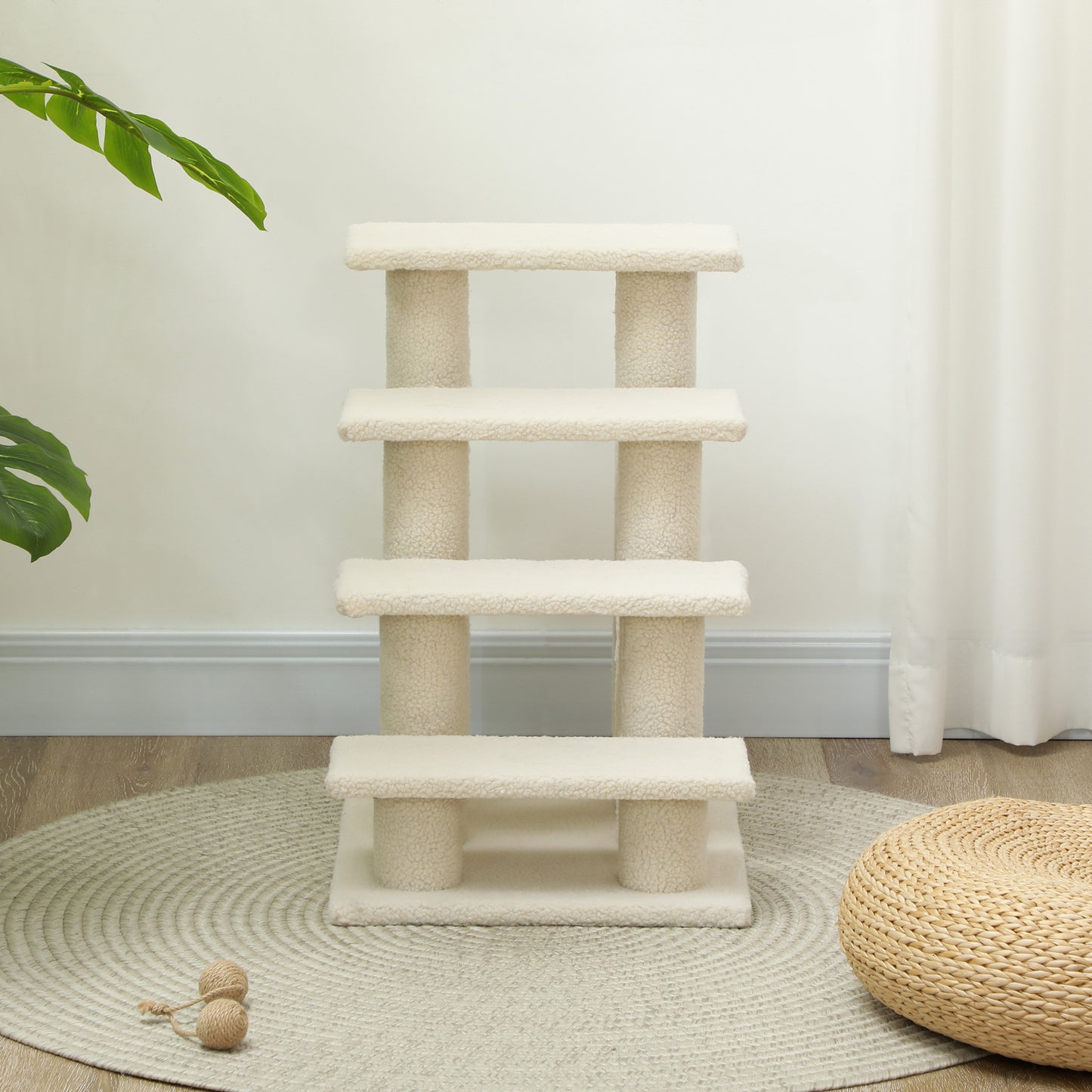 PawHut Katzentreppe 4 Stufen Tiertreppe Treppe für Katze Haustiertreppe Hundetreppe aus Plüsch 61 x 41 x 60 cm Cremeweiß