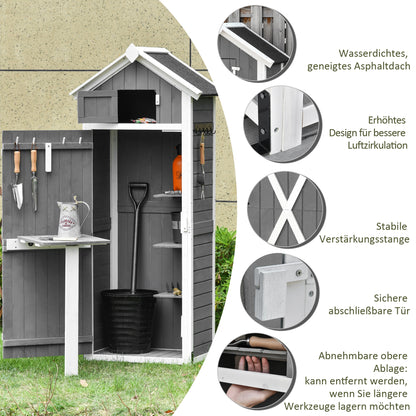 Outsunny Gartenschrank Holz, Geräteschuppen wetterfest 78x52,5x182cm, Gerätehaus mit Tür, Satteldach, Geräteschrank mit Haken, faltbar Tisch, Werkzeugschrank Gartenschuppen für Garten, Terrasse, Grau