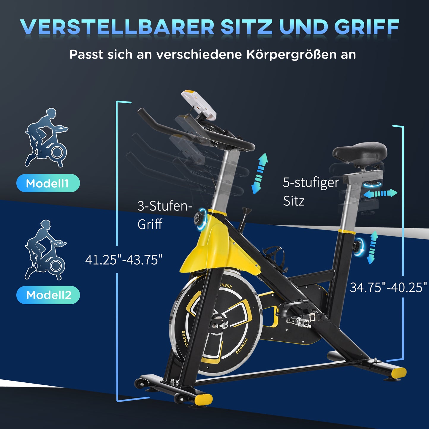HOMCOM Fahrradtrainer höhenverstellbarer Heimtrainer Fitnessfahrrad Rollentrainer mit Riemenantrieb LCD-Display Stahl ABS Gelb+Schwarz 45,5 x 100 x 101-113 cm
