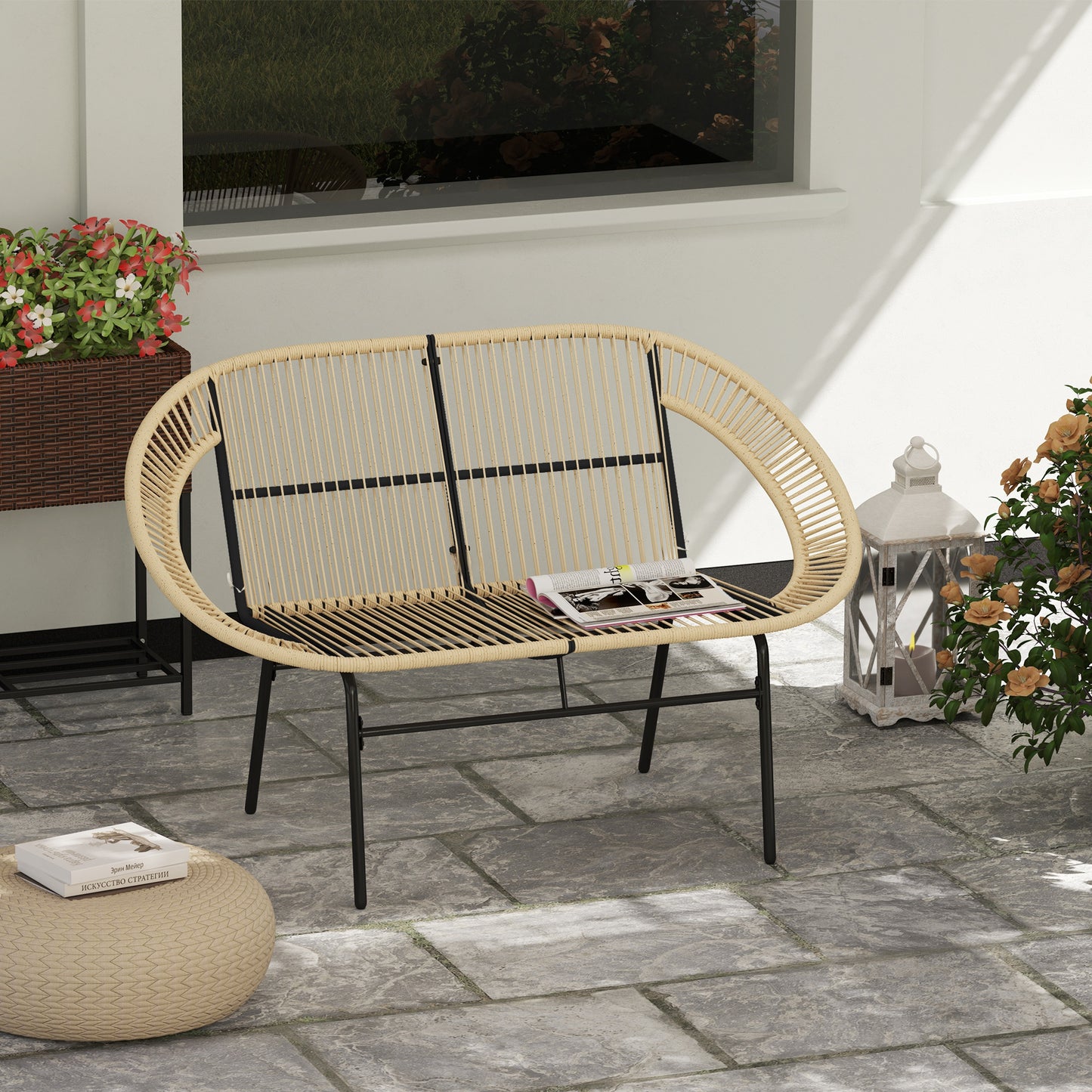 Outsunny 2-Sitzer Gartenbank Polyrattan، Wetterfest Sitzbank im Rattanflecht-Design، UV-Beständig 260kg belast Khaki