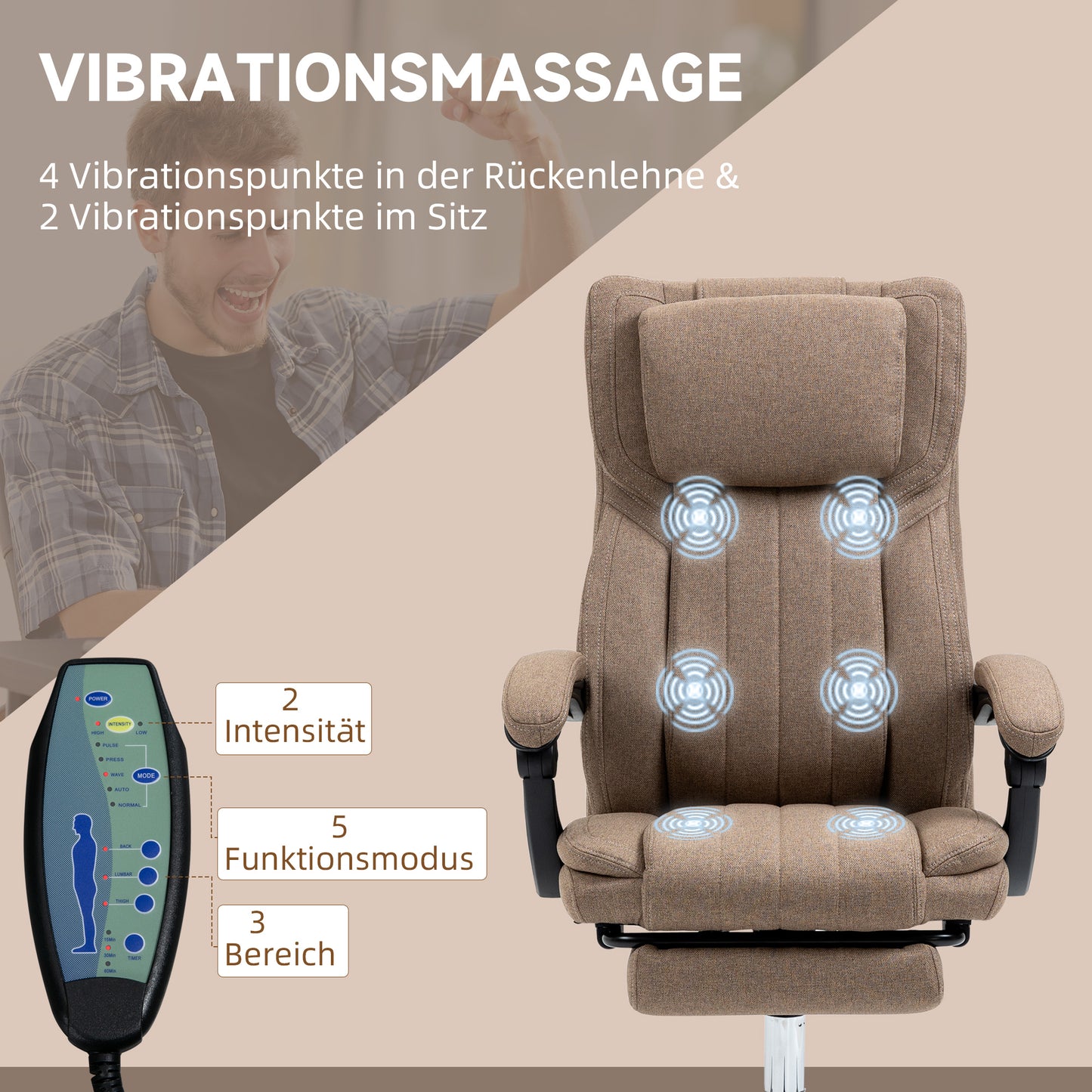 Vinsetto Bürostuhl mit Massagefunktion, neigbare Rücklehne, ausziehbare Fußstütze, Leinenoptik, 65 x 61 x 118 cm, Braun