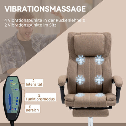 Vinsetto Bürostuhl mit Massagefunktion, neigbare Rücklehne, ausziehbare Fußstütze, Leinenoptik, 65 x 61 x 118 cm, Braun