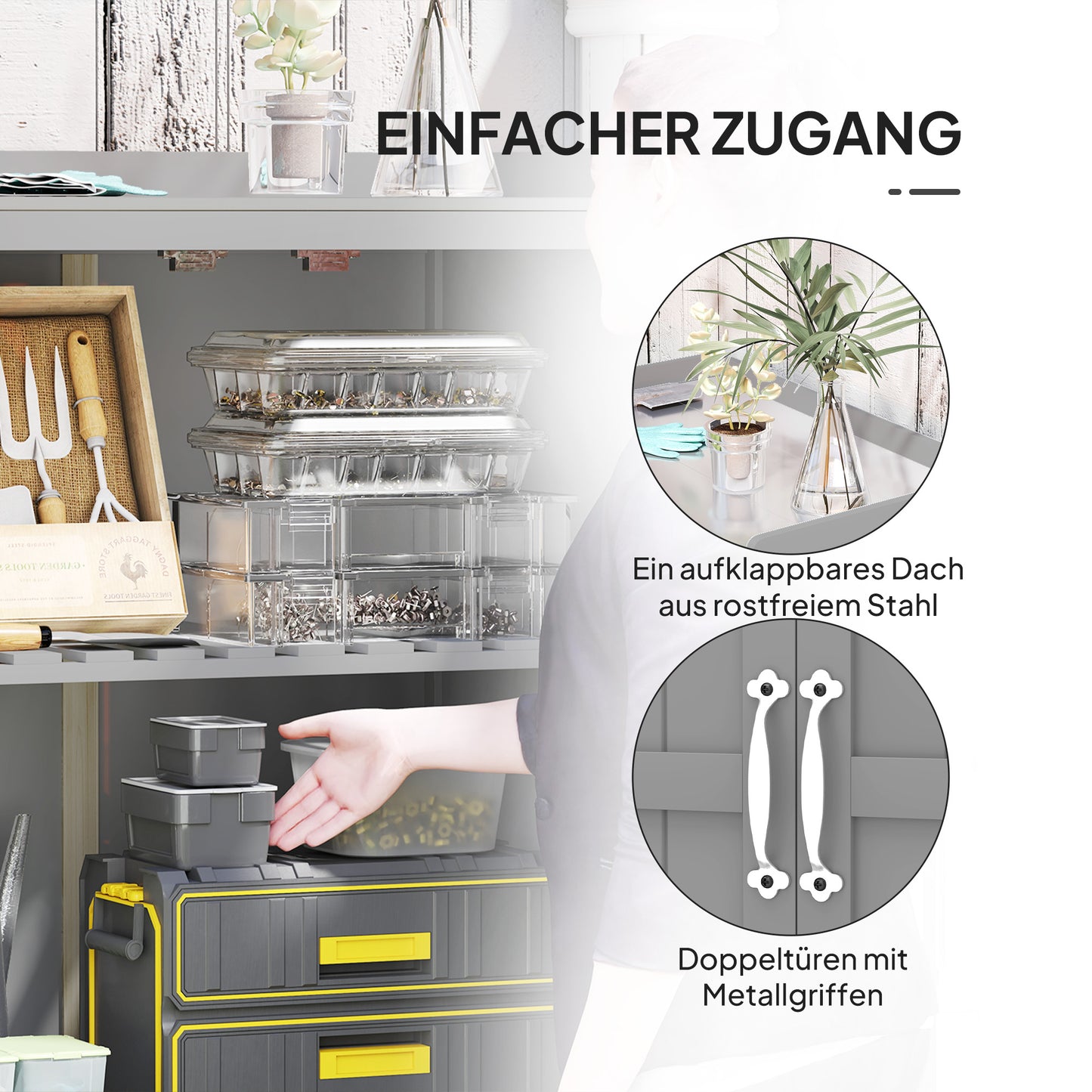 Outsunny Gartenschrank, Werkzeugschrank für den Außenbereich, mit Arbeitsfläche, Holz und Edelstahl, Doppeltüren, Grau