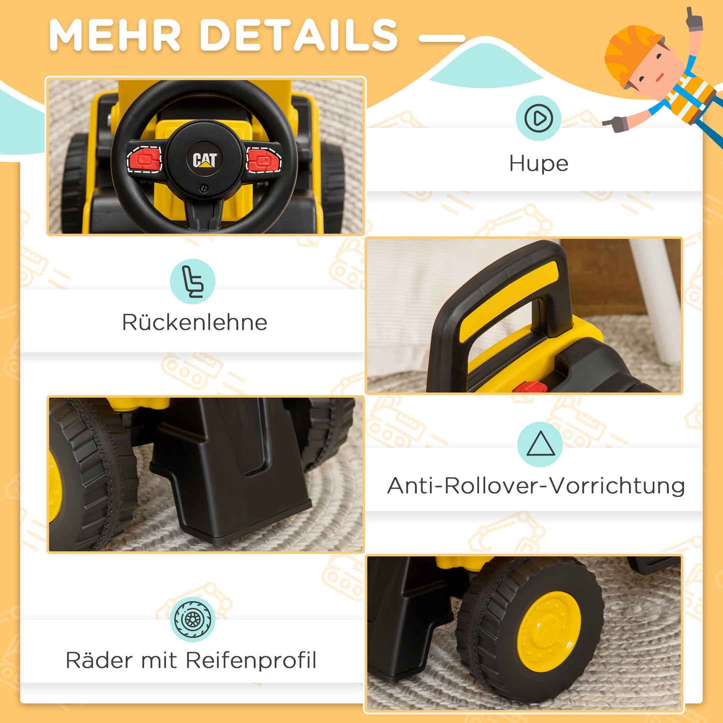 HOMCOM Kinderbagger, Rutscher, bedienbare Baggerschaufel, Kippschutz, rutschfeste Räder, gelb+schwarz, 78 x 29,5 x 54 cm