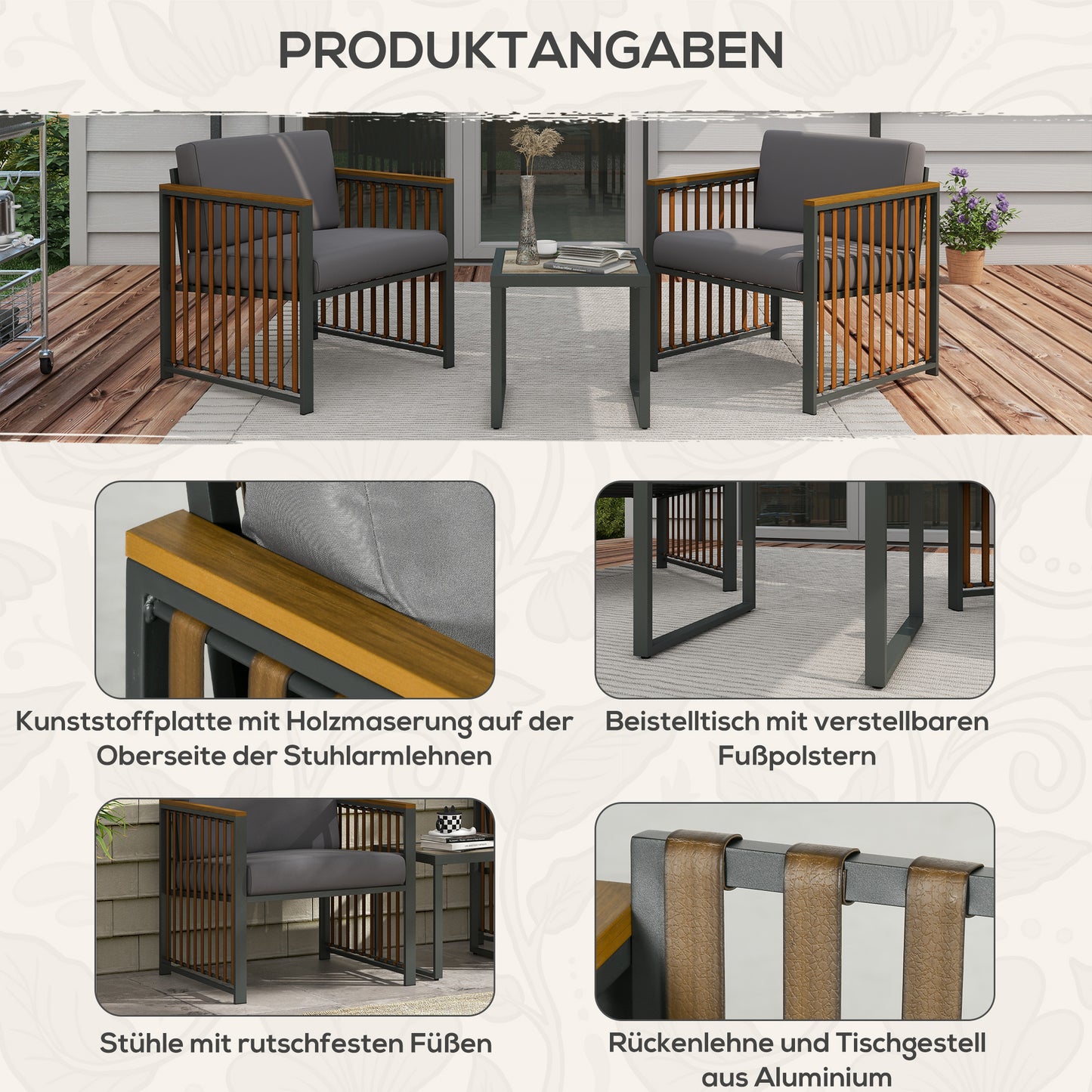 Outsunny Gartengarnitur, 3-teilig, inkl. Sitzkissen, Holzdekor, rostfreier Metallrahmen, Grau