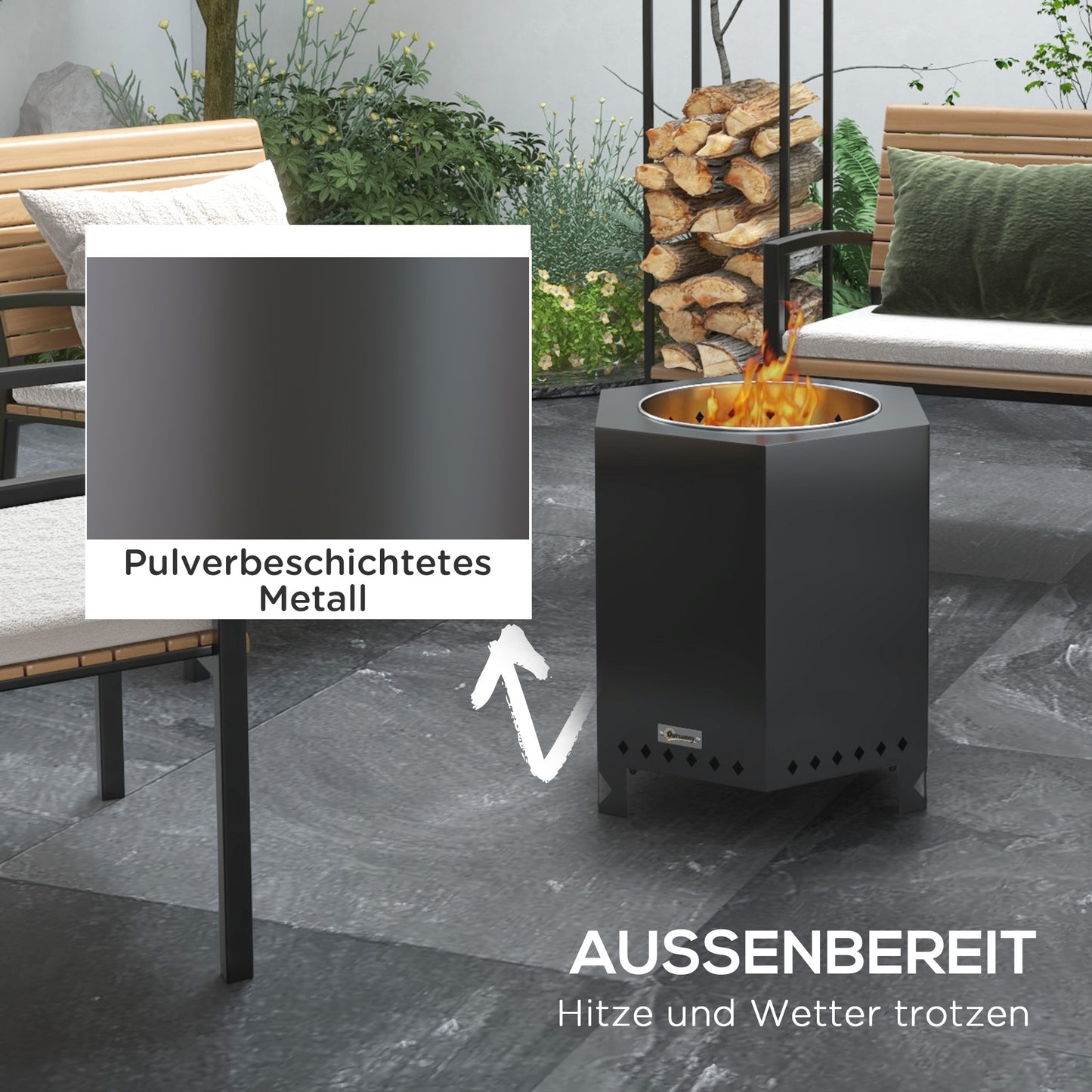 Outsunny Feuerschale Feuerstelle Feuertonne, inkl. Schürhaken, 45 x 38,8 x 46,5 cm, Silber + Schwarz