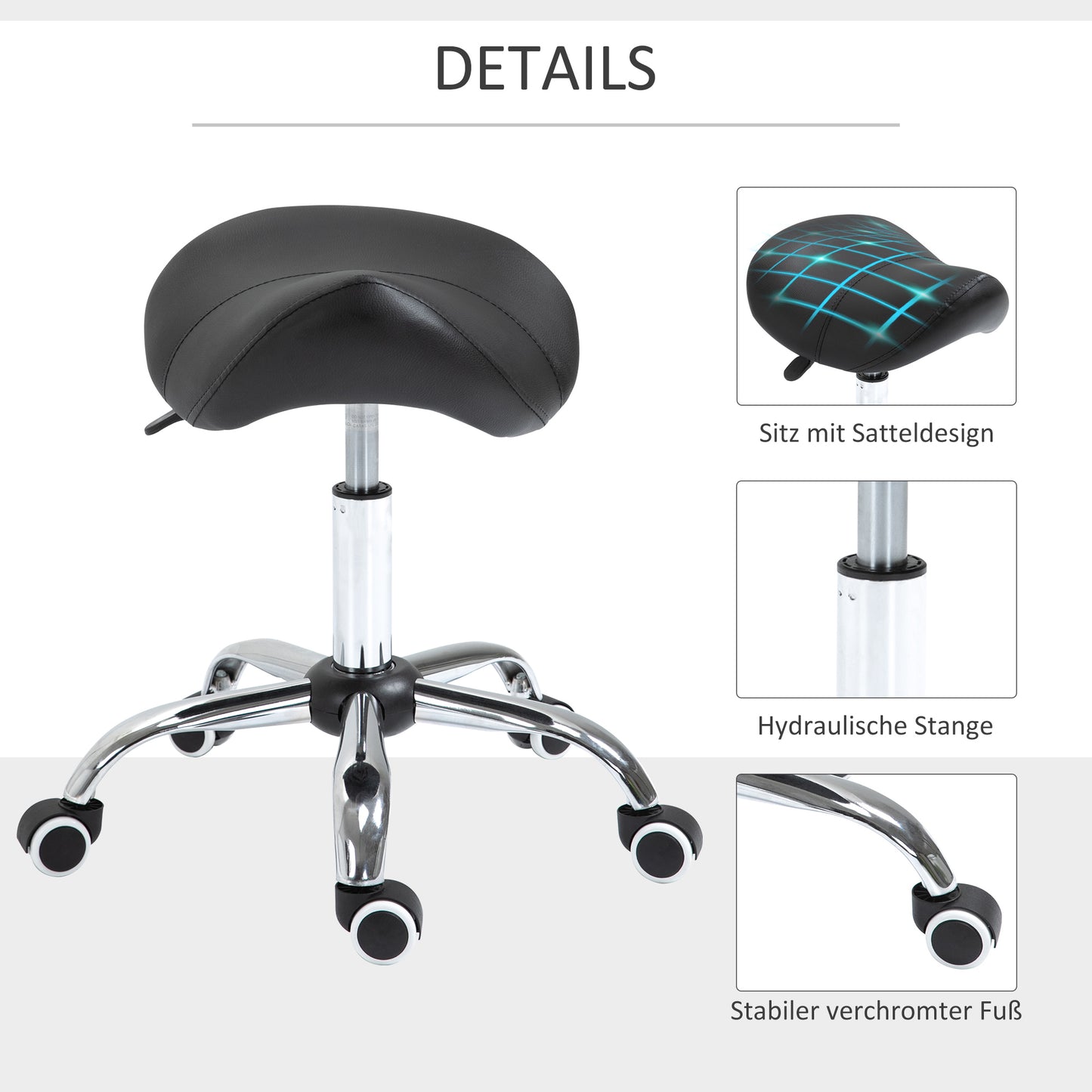 HOMCOM Rollhocker höhenverstellbar Drehhocker 49-61 cm Arbeitshocker drehbar Sattelhocker für Büro Salon Massage Spa Schwarz