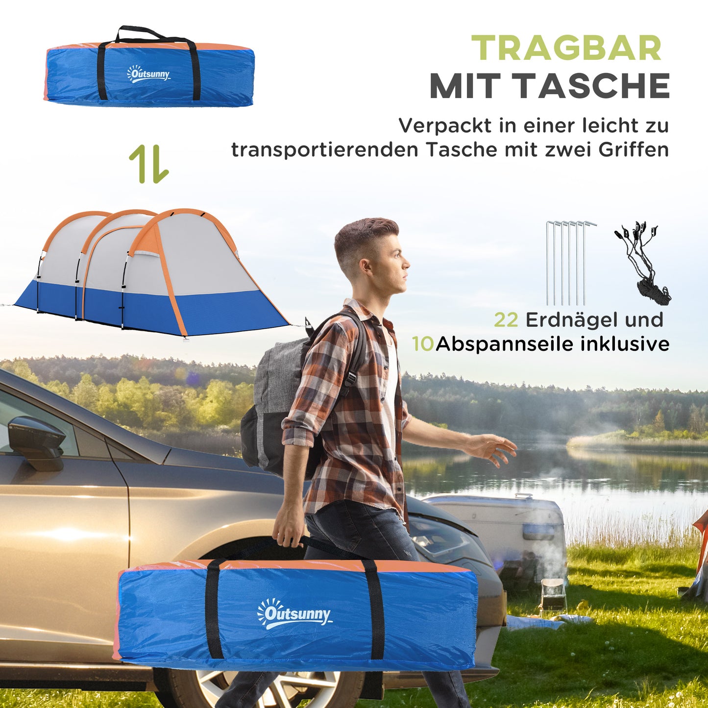 Outsunny Campingzelt, für 3 Personen, Laternenhaken, drei Eingänge, wasserdicht, Orange
