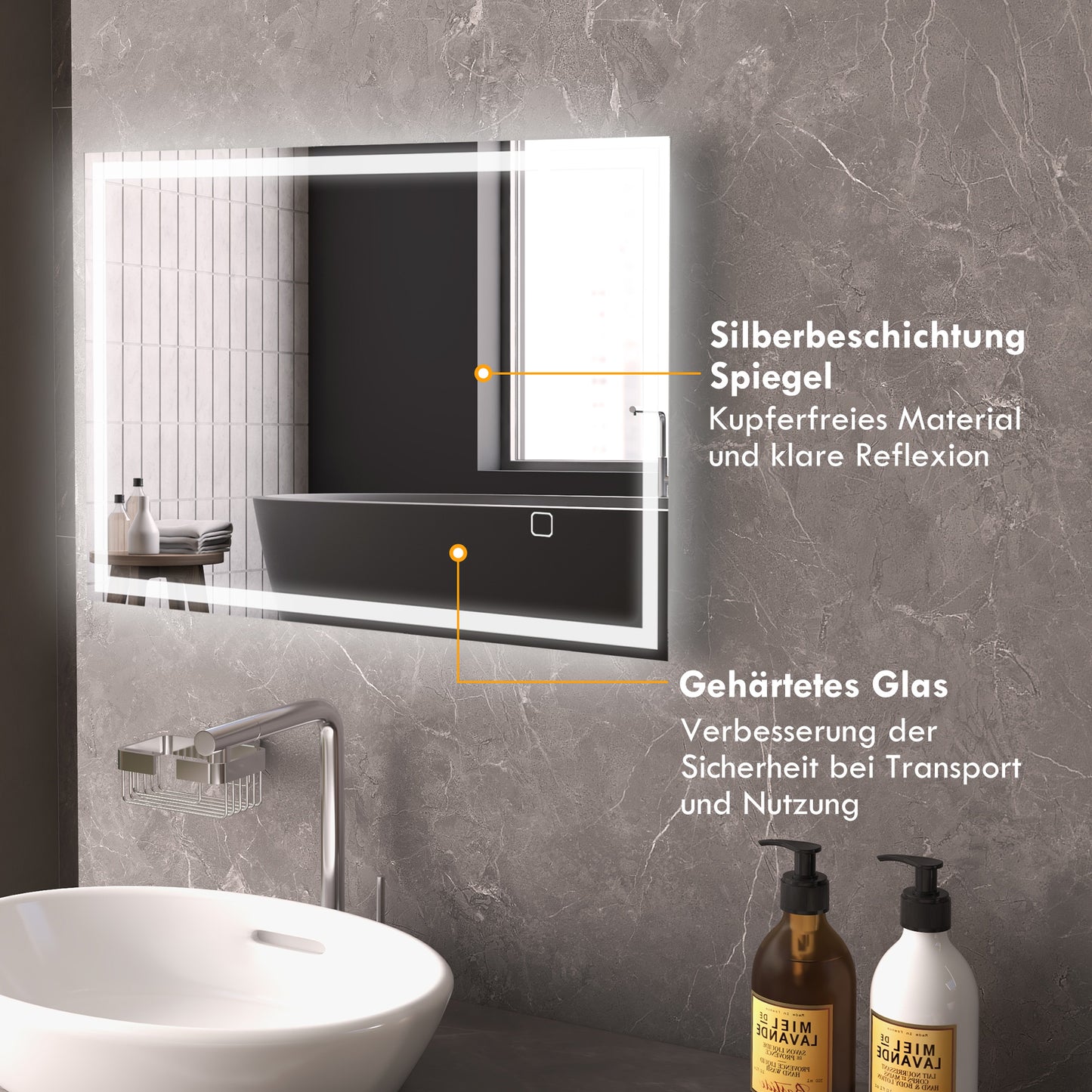 HOMCOM Badspiegel Badezimmerspiegel Wandspiegel LED´s. Berührungsschalter, Weiß