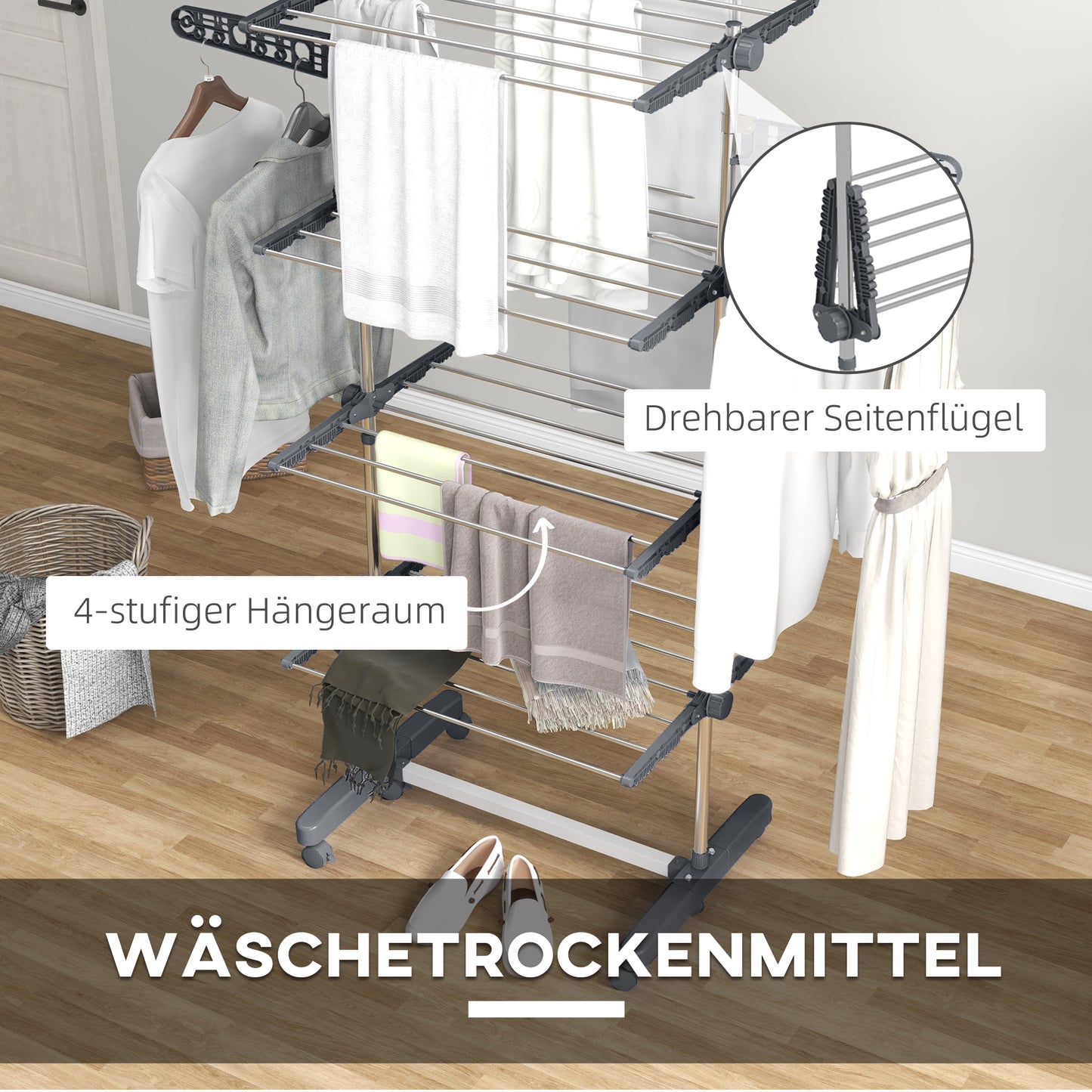 HOMCOM Wäschenständer Wäschetrockner 5 Ebenen، klappbar، نظام بنقرة واحدة، 142 سم × 55 سم × 1 72 سم، Grau + Silber
