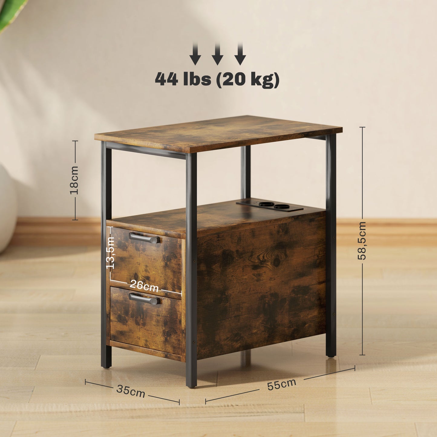 HOMCOM Beistelltisch mit Aufladestation, USB-Anschlüssen, Steckdosen, 2 Schubladen und Regal für Wohnzimmer, Schlafzimmer