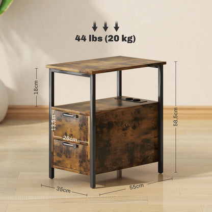 HOMCOM Beistelltisch mit Aufladestation, USB-Anschlüssen, Steckdosen, 2 Schubladen und Regal für Wohnzimmer, Schlafzimmer