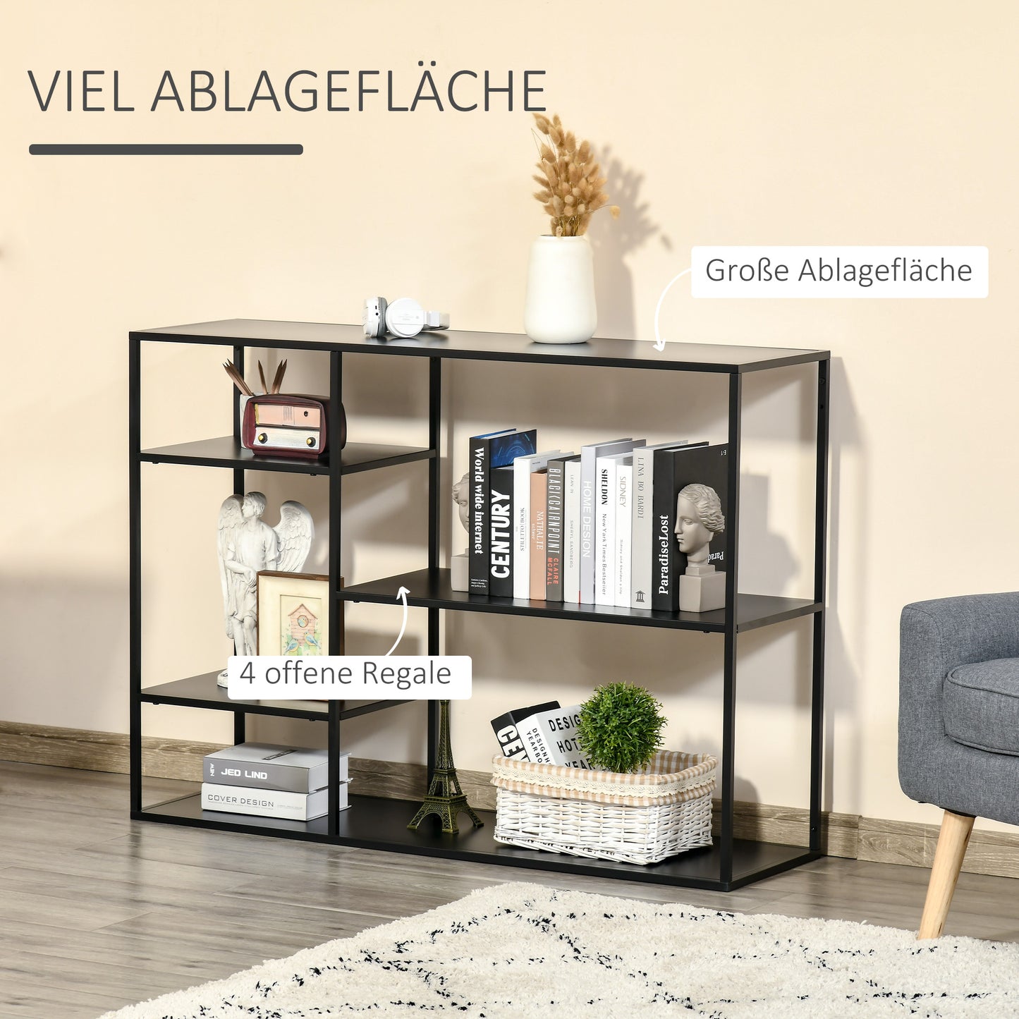HOMCOM Standregal Bücherregal mit 5 offenen Fächern, Aufbewahrungsregal mit Metallrahmen, Würfelregal für Küche, Wohnzimmer, Schwarz, 120 x 35 x 87,5 سم