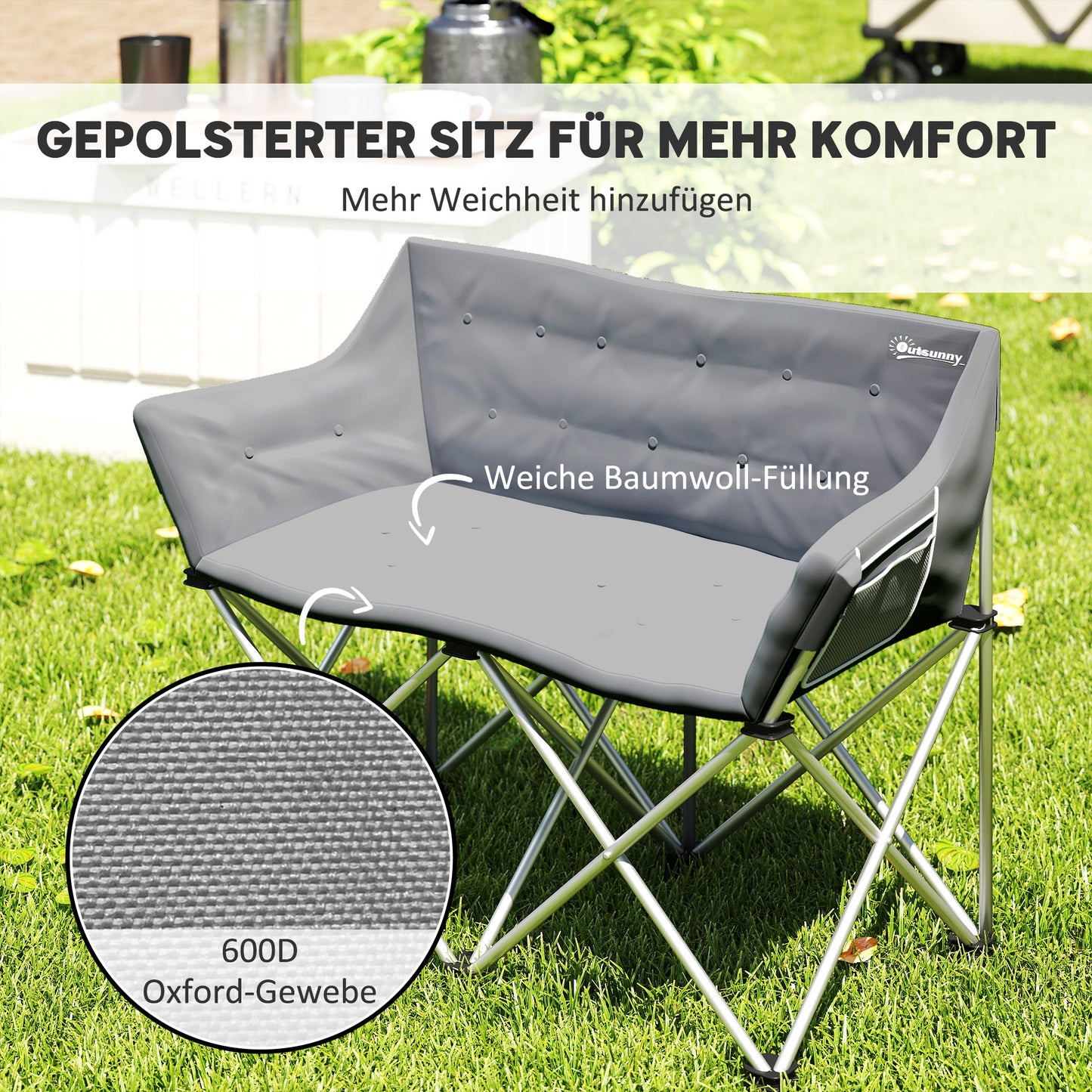 Outsunny Faltstuhl 2 Sitzer faltbar Campingstuhl mit Armlehnen Seitentasche bis 240kg belastbar Grau