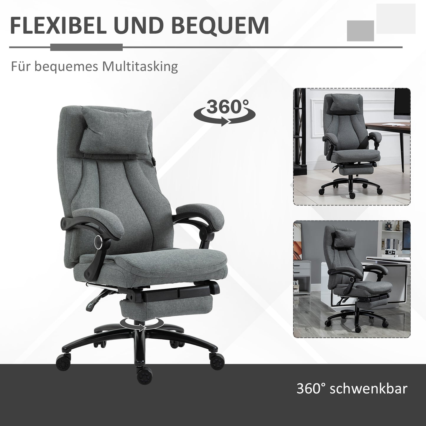 Vinsetto Bürostuhl massage, höhenverstellbarer Chefsessel, Gamingstuhl mit Fußstütze Massagefunktion, ergonomischer Drehstuhl, Massage Sessel, Leinen-Gefühl, Grau, 64 x 74 x 109-117 cm