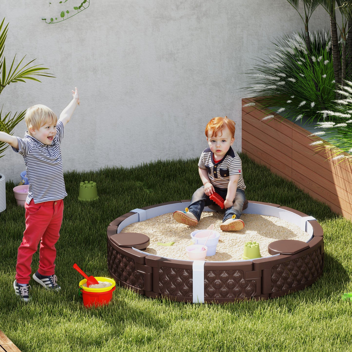 AIYAPLAY Sandkasten, Runde Sandkiste für bis zu 3 Kinder, mit 3 Sitzen, wasserfeste Unterlage, Schutzplane, 300 kg Sand