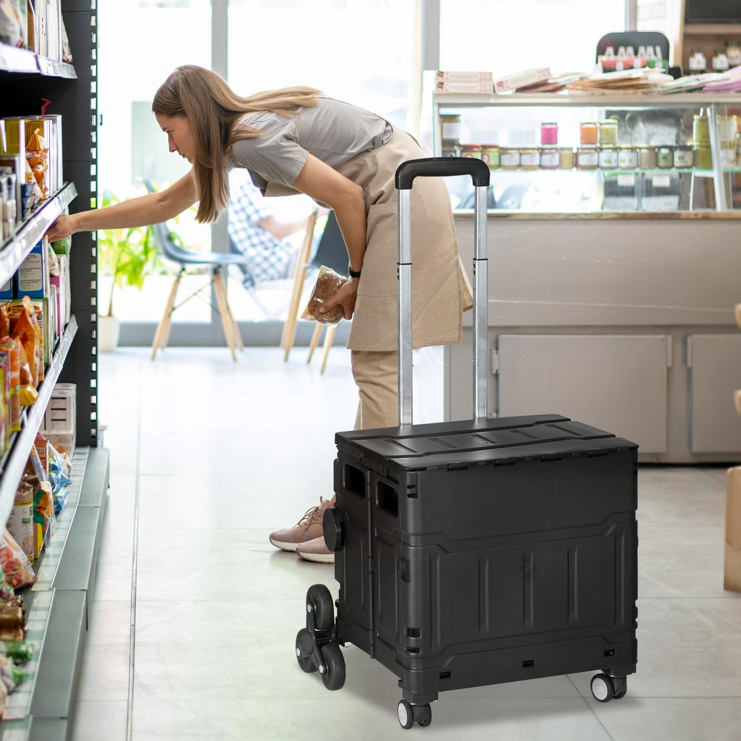 HOMCOM Einkaufswagen Einkaufstrolley, Treppensteiger, klappbar, Teleskopgriff, bis max. 65 Kilo belastbar, Schwarz