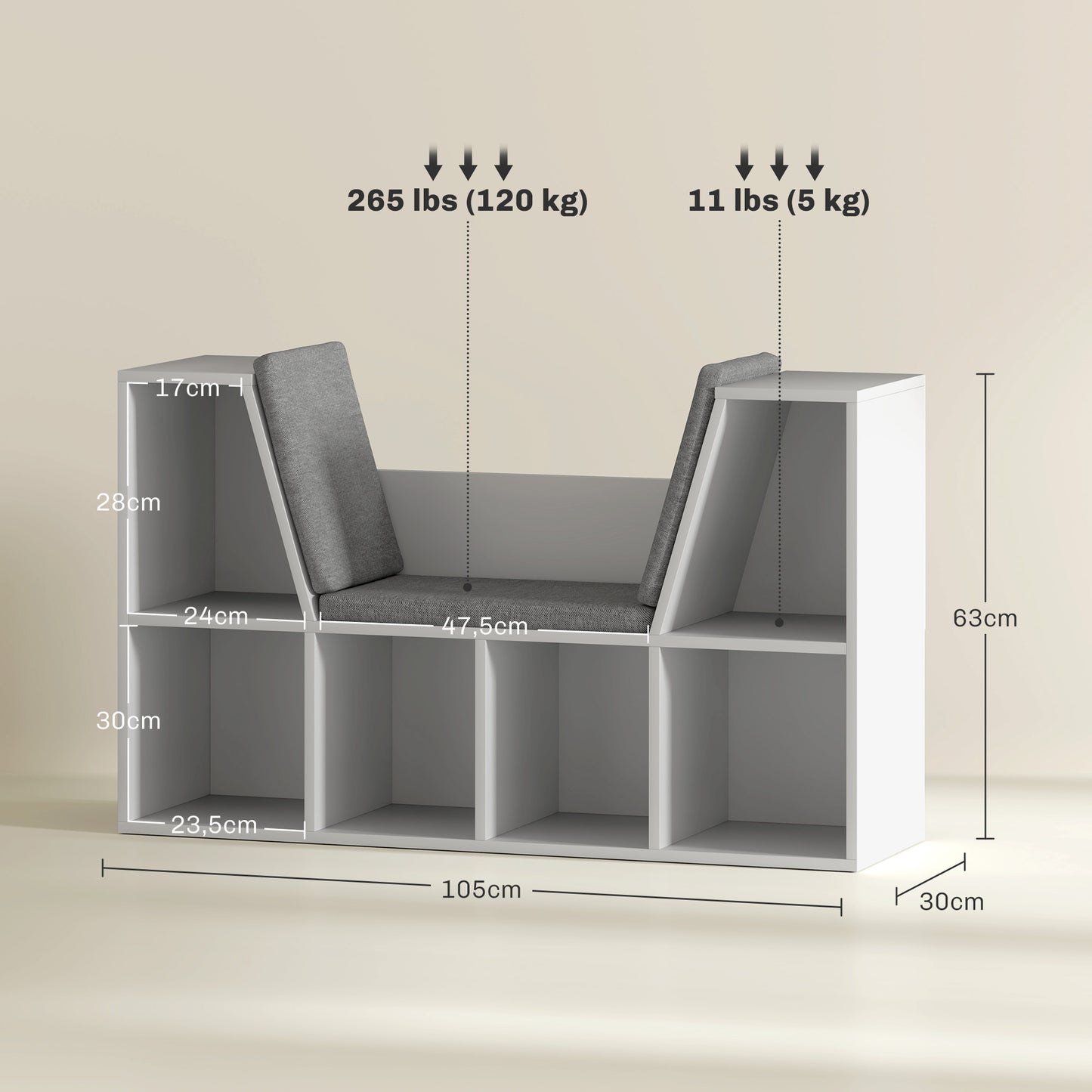 HOMCOM Bücherregal mit Sitzfläche, 6 Fächer, gepolstert, 105 x 30 x 63 cm, Weiß