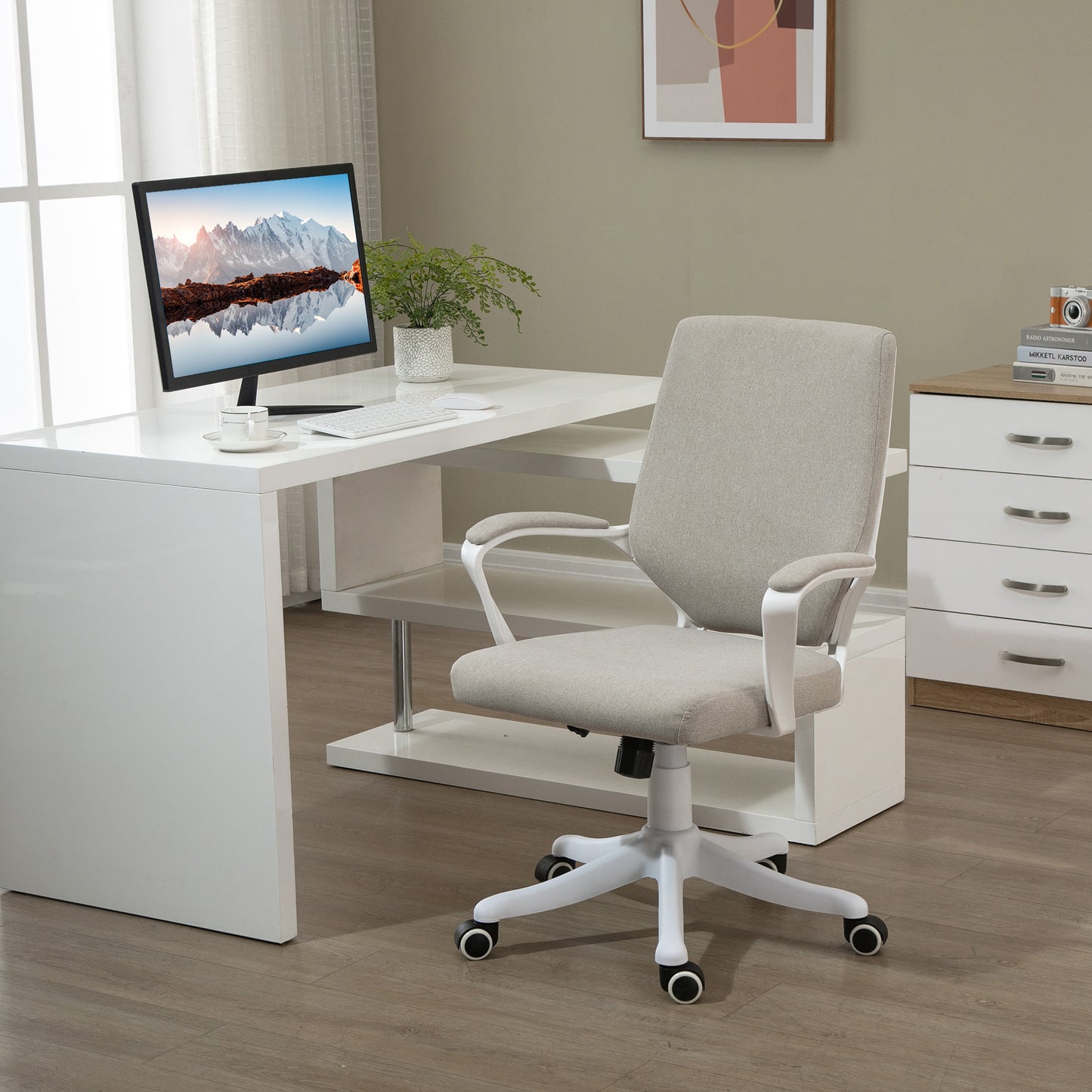 Vinsetto Bürostuhl Schreibtischstuhl Home-Office-Stuhl mit Wippenfunktion Rückenlehne höhenverstellbarer dick gepolstert ergonomisch 360°-Drehräder Polyester Nylon PP Beige+Weiß 62x69x92-100 cm