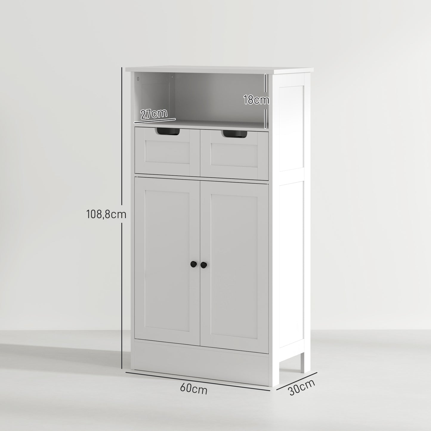 kleankin Badezimmerschrank mit 2 Schubladen, Tür, 60 x 30 x 109 cm, Weiß