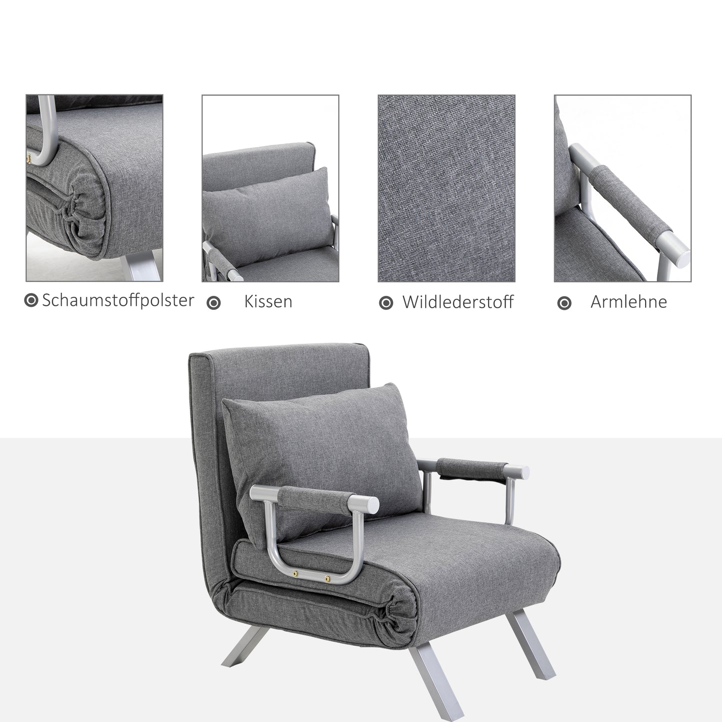 HOMCOM 3 in 1 Schlafsessel Klappbar Schlafsofa mit Bettfunktion Verstellbarer Rückenlehne Kissen Gästebett in Leinenoptik, Relaxsessel Klappsessel für Wohnzimmer Schlafzimmer 65 x 69 x 80 cm Hellgrau