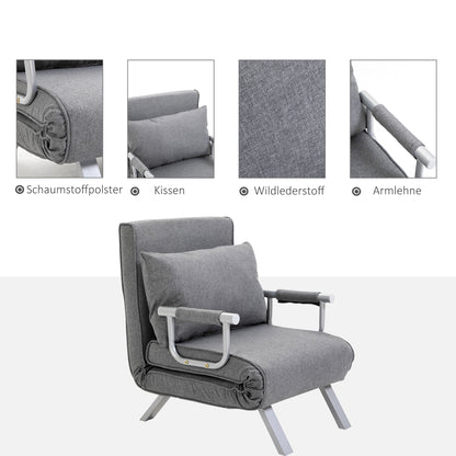 HOMCOM 3 in 1 Schlafsessel Klappbar Schlafsofa mit Bettfunktion Verstellbarer Rückenlehne Kissen Gästebett in Leinenoptik, Relaxsessel Klappsessel für Wohnzimmer Schlafzimmer 65 x 69 x 80 cm Hellgrau