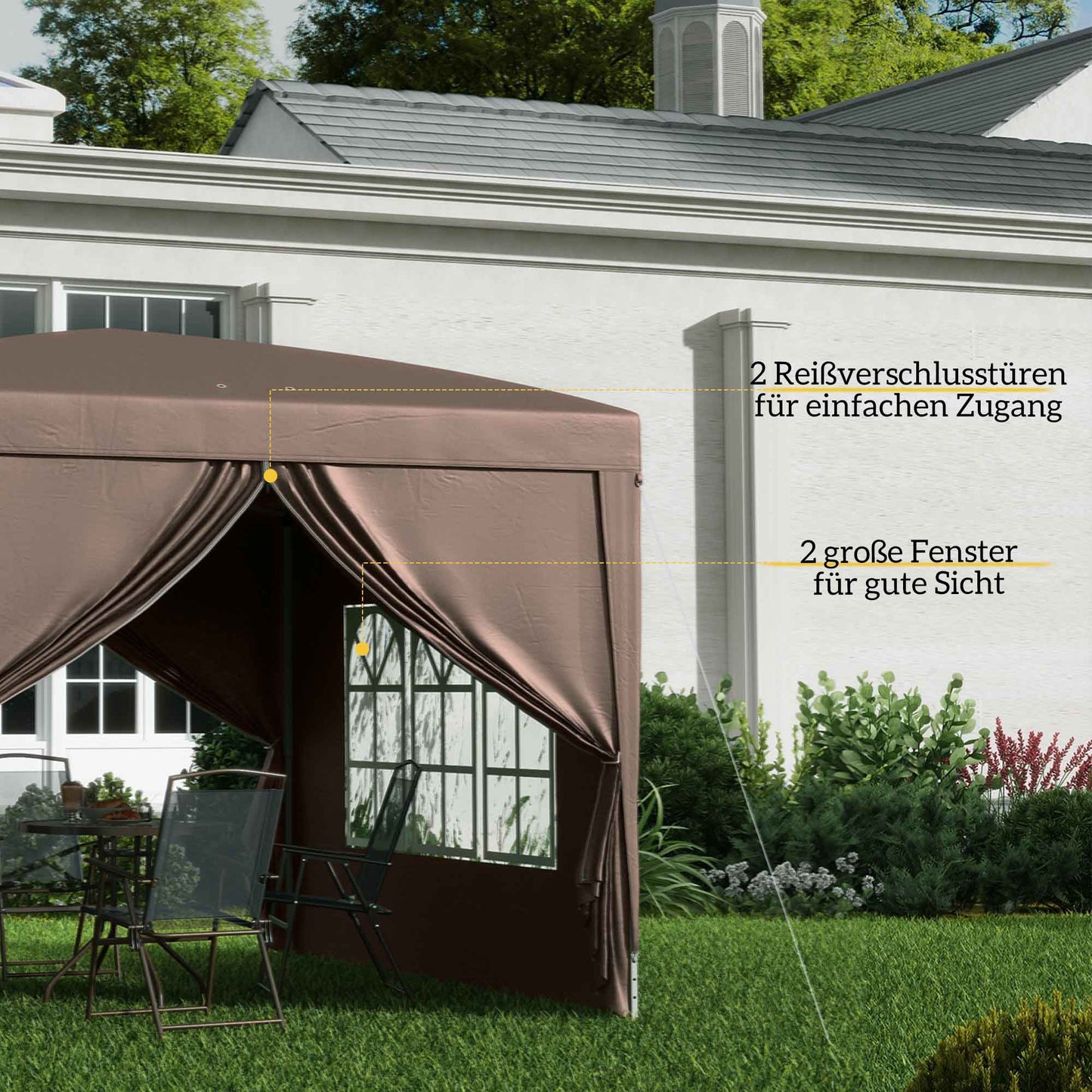 Outsunny 3 x 3 m Pavillon mit 4 Seitenwänden, Fenster, Festzelt mit UV-Schutz, Gartenzelt inkl. Tragetasche, Stahl, Kaffee