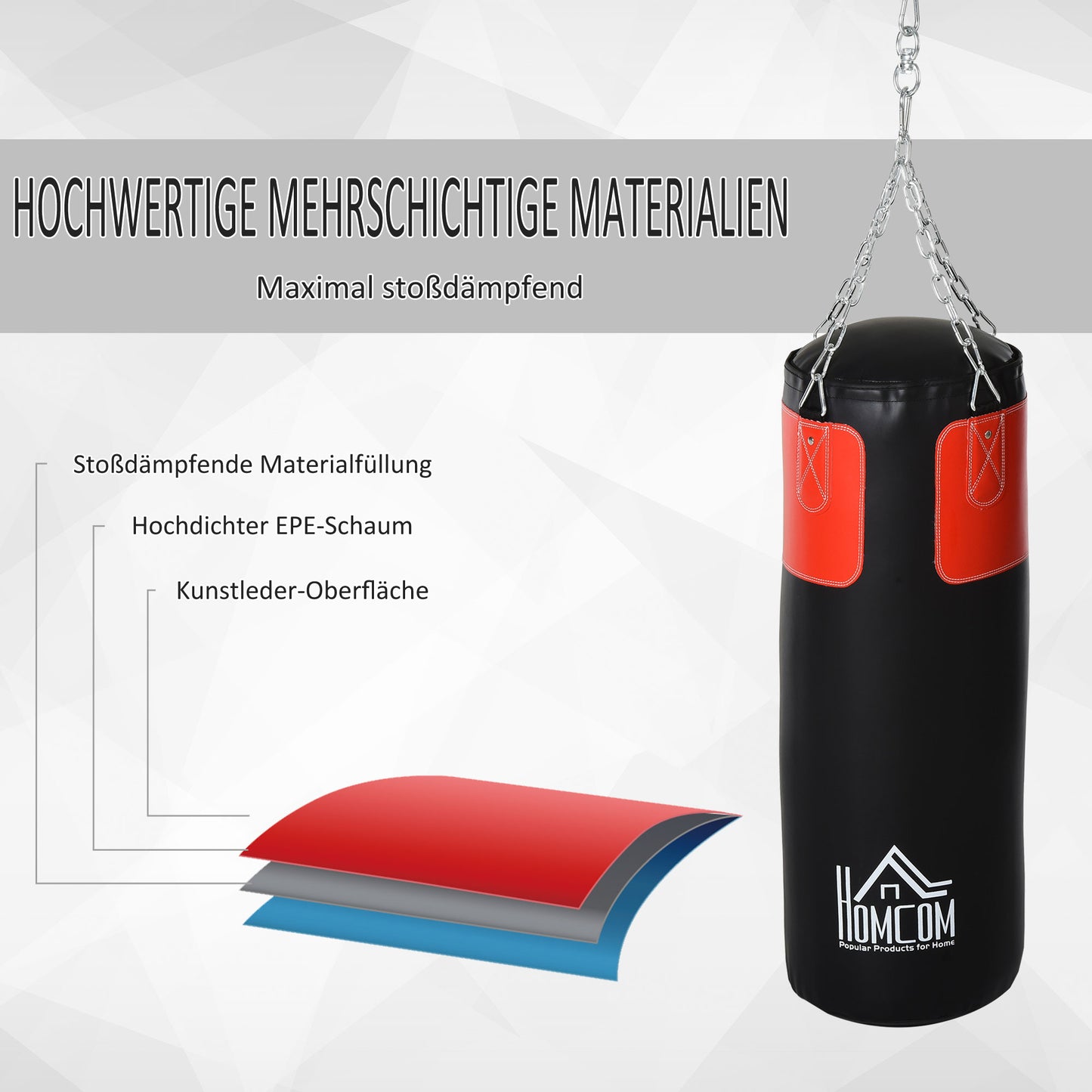 HOMCOM Boxsack-Set Box-Set mit Boxhandschuhen Gefüllt Set für Erwachsene Jugendlichen Hanging Boxing Heavy Bag 16 KG Ø30 x 120 cm Schwarz+Rot