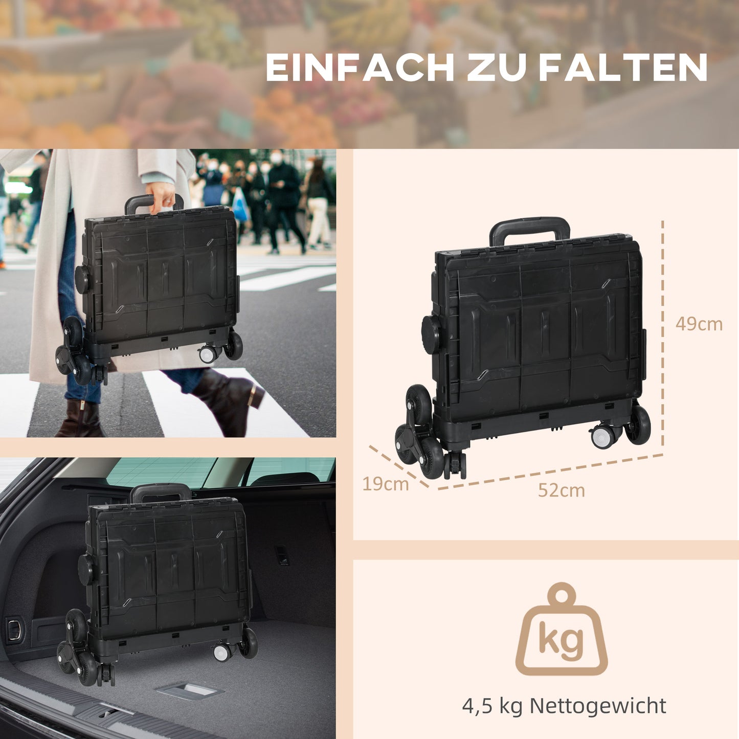HOMCOM Einkaufswagen Einkaufstrolley, Treppensteiger, klappbar, Teleskopgriff, bis max. 65 Kilo belastbar, Schwarz