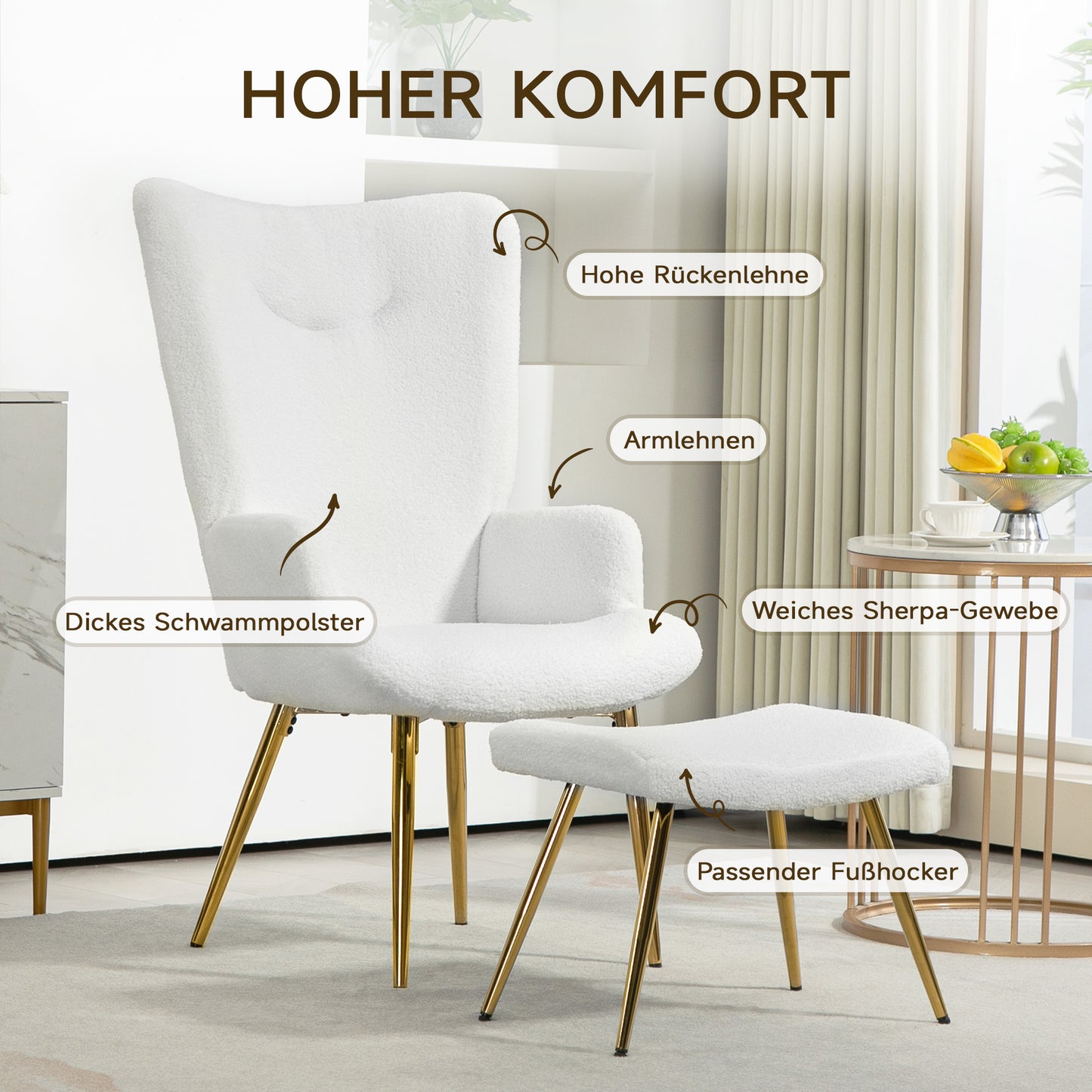 HOMCOM Ohrensessel mit Hocker, hohe Lehne, Sherpa-Bezug, vergoldete Metallbeine, bis 120 kg, Weiß