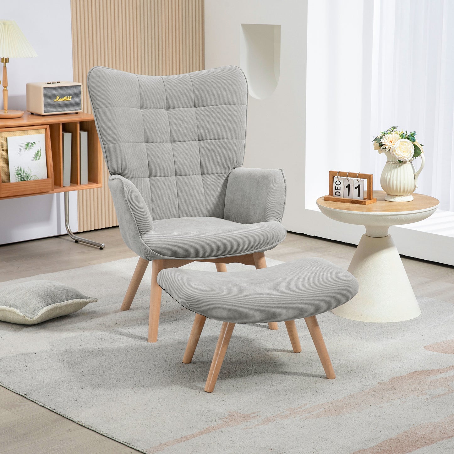 HOMCOM Akzentsessel mit Hocker, Relaxsessel in Cord-Optik, Armlehnstuhl mit Holzbeinen, für Wohnzimmer, Grau