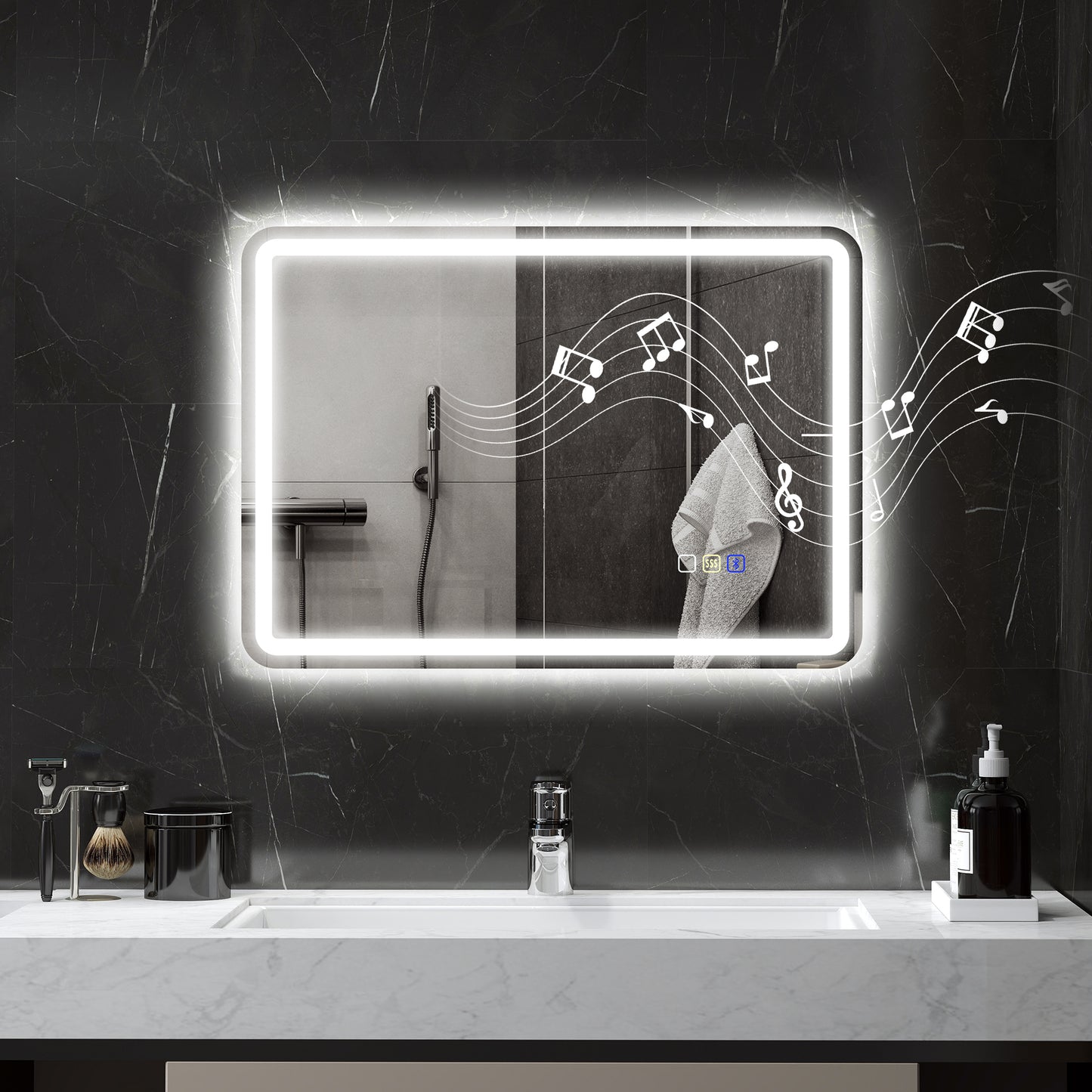 HOMCOM Badezimmerspiegel mit LED-Beleuchtung, Anti-Beschlags-Pad, 3 verstellbare Farben, Silberfarben