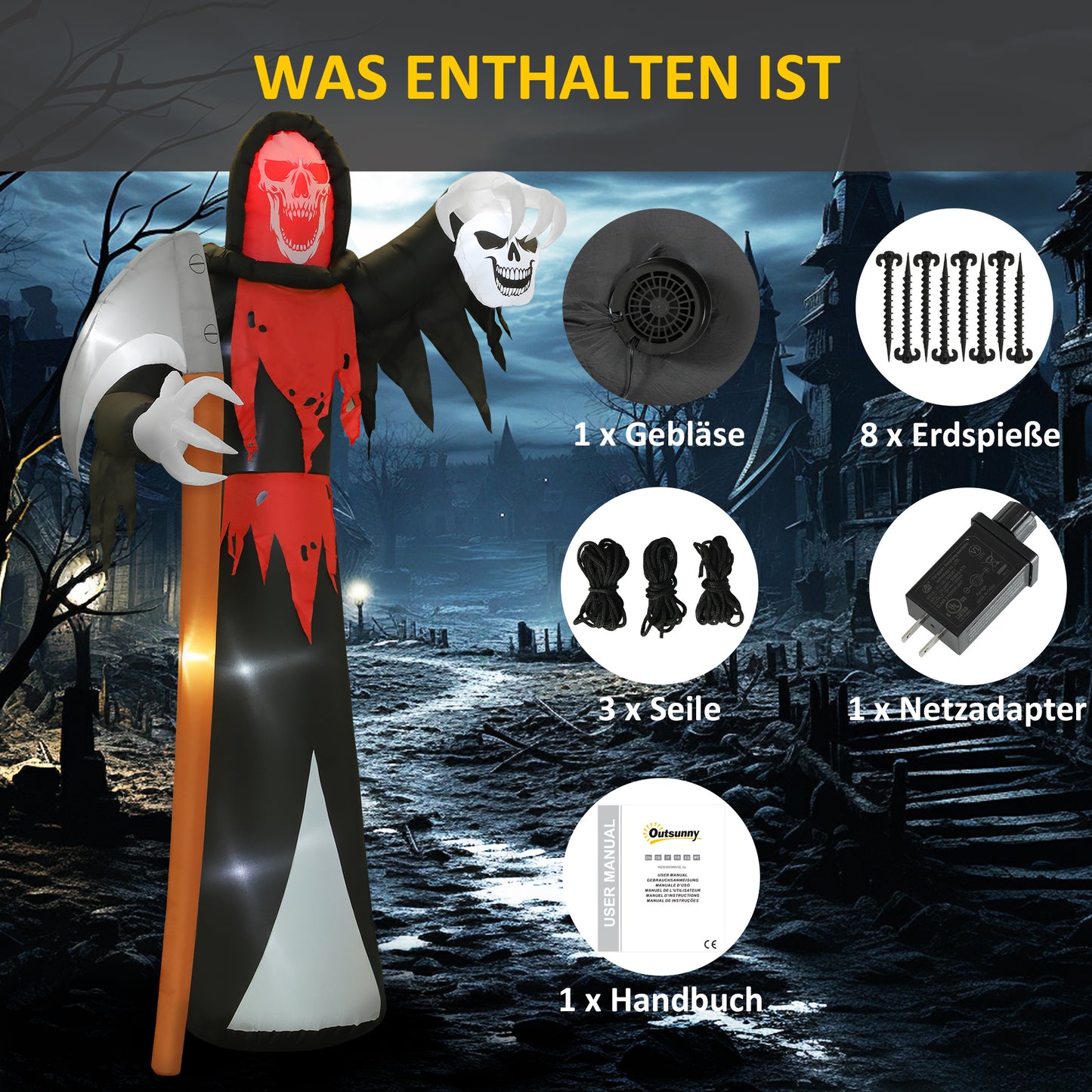 Outsunny Halloween-Dekoration 3,7 m riesiger Sensenmann mit LED-Beleuchtung Leuchtende Luftfigur für Outdoor