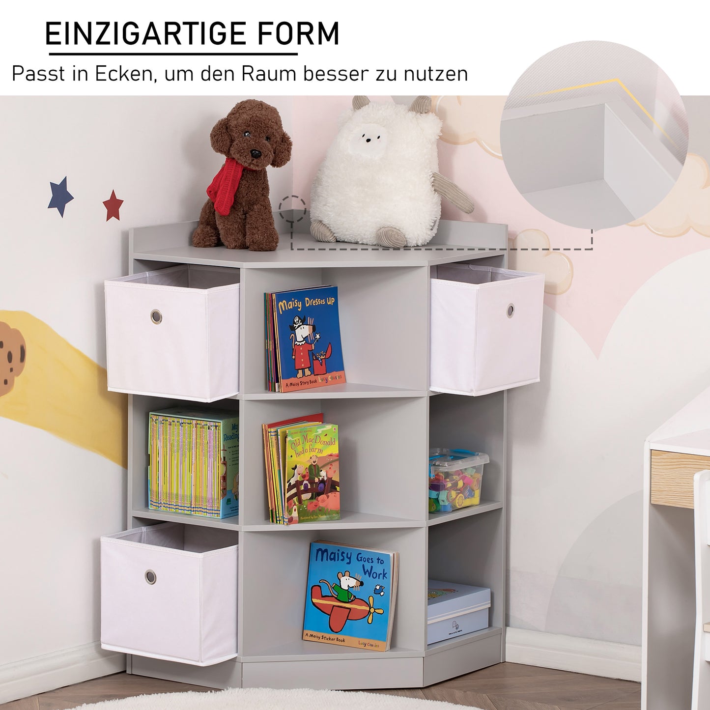 HOMCOM Aufbewahrungsregal für Kinder, 3 Vliesschubladen, MDF, kippsicher, Grau