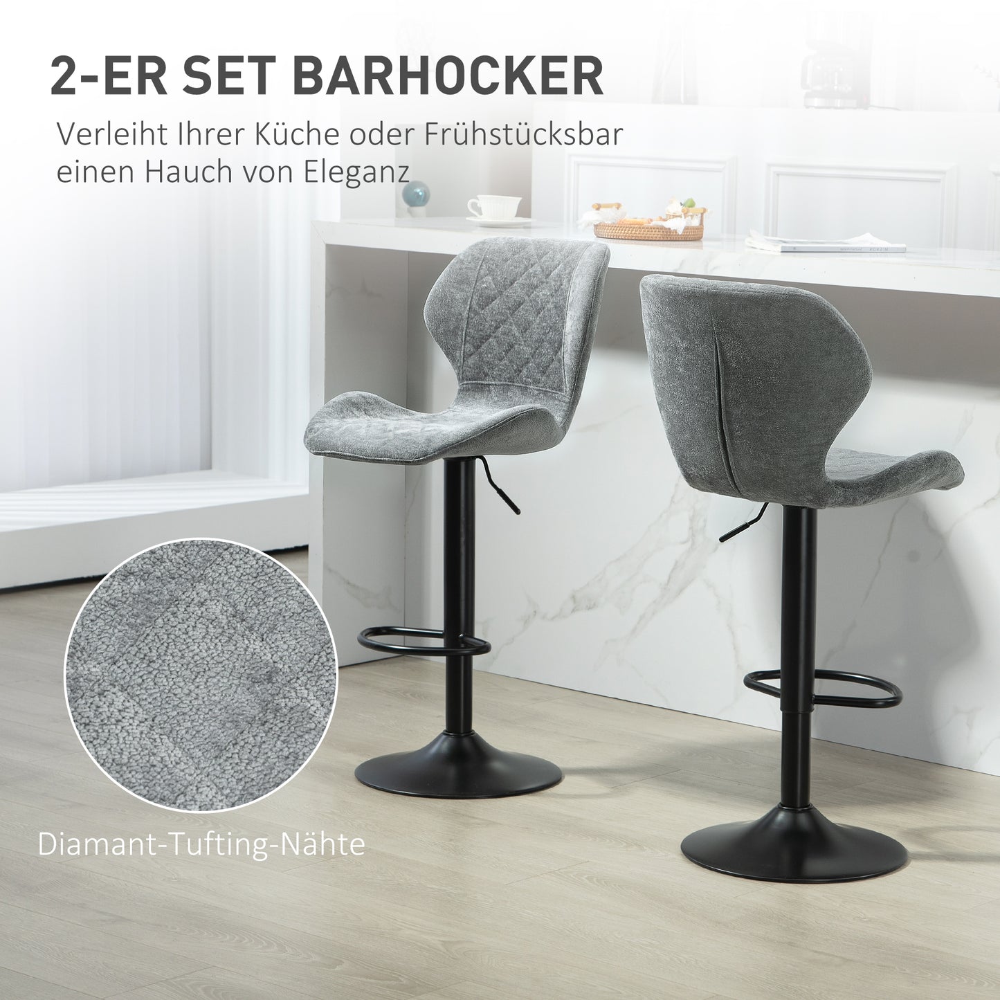 HOMCOM Barstühle im 2er-Set, Höhenverstellbare Küchenhocker mit Rückenlehne, Gaslift, Fußstütze, drehbar, Grau