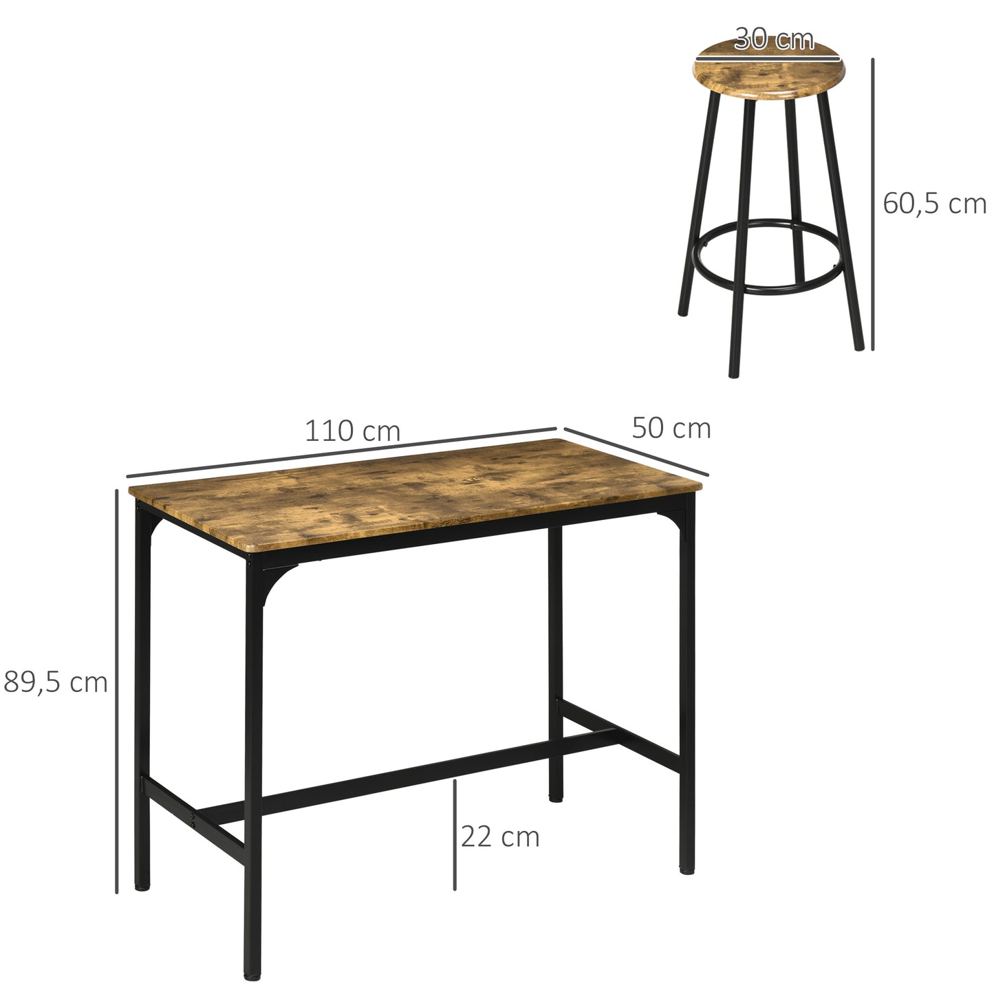 HOMCOM 5-tlg. Bartisch-Set im Industriedesign, 1 Bartisch, 4 Barhocker, Sitzgruppe, Küchentresen, Schwarz + Braun