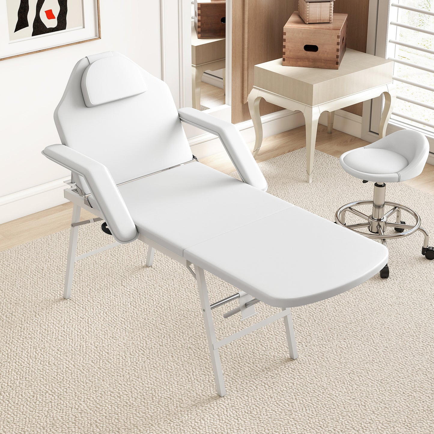 HOMCOM Tragbarer Massagetisch, Klappbare Massageliege mit Kunstleder-Bezug, Schaumstoff-Polsterung, Stahlrahmen, Weiß
