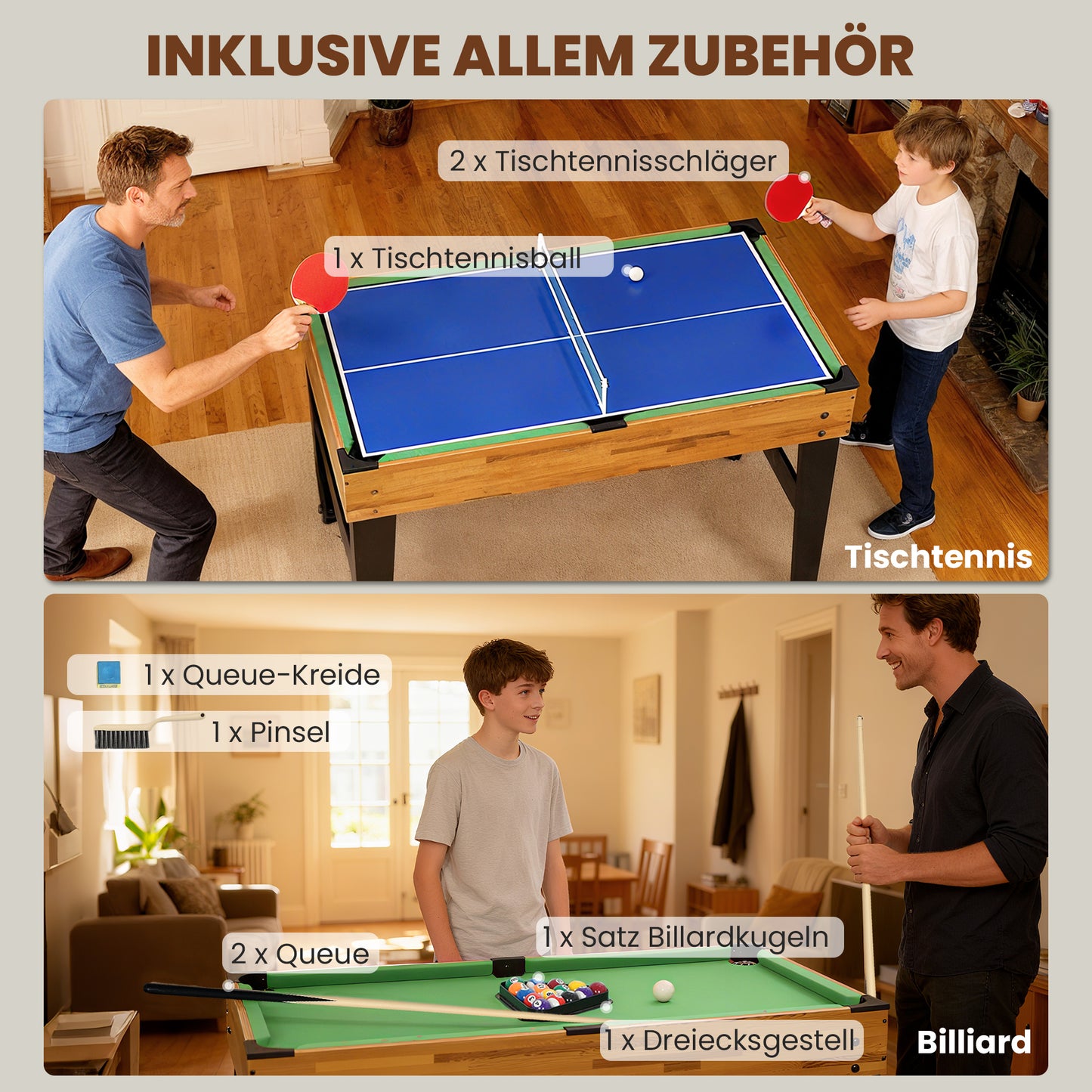 SPORTNOW 13-in-1 Spieletisch, Tischfußball, Schach, Billard, Tischtennis und mehr, MDF, Kunststoff, Walnuss