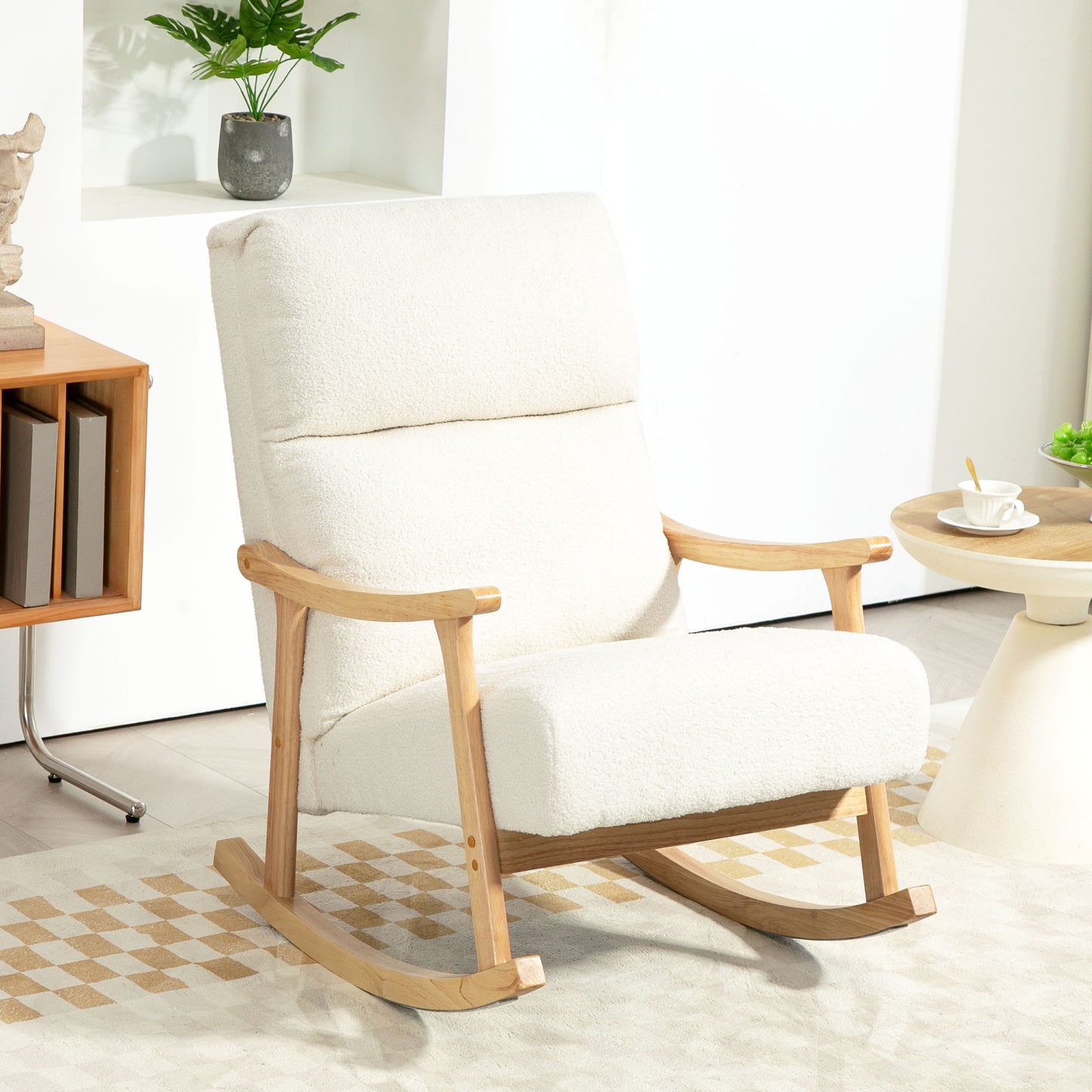 HOMCOM Schaukelstuhl، Stoffbezug in Samtoptik، Ergonomische Rückenlehne، 120 كجم Belastbarkeit، 65B x 90T x 98H سم، Cremeweiß